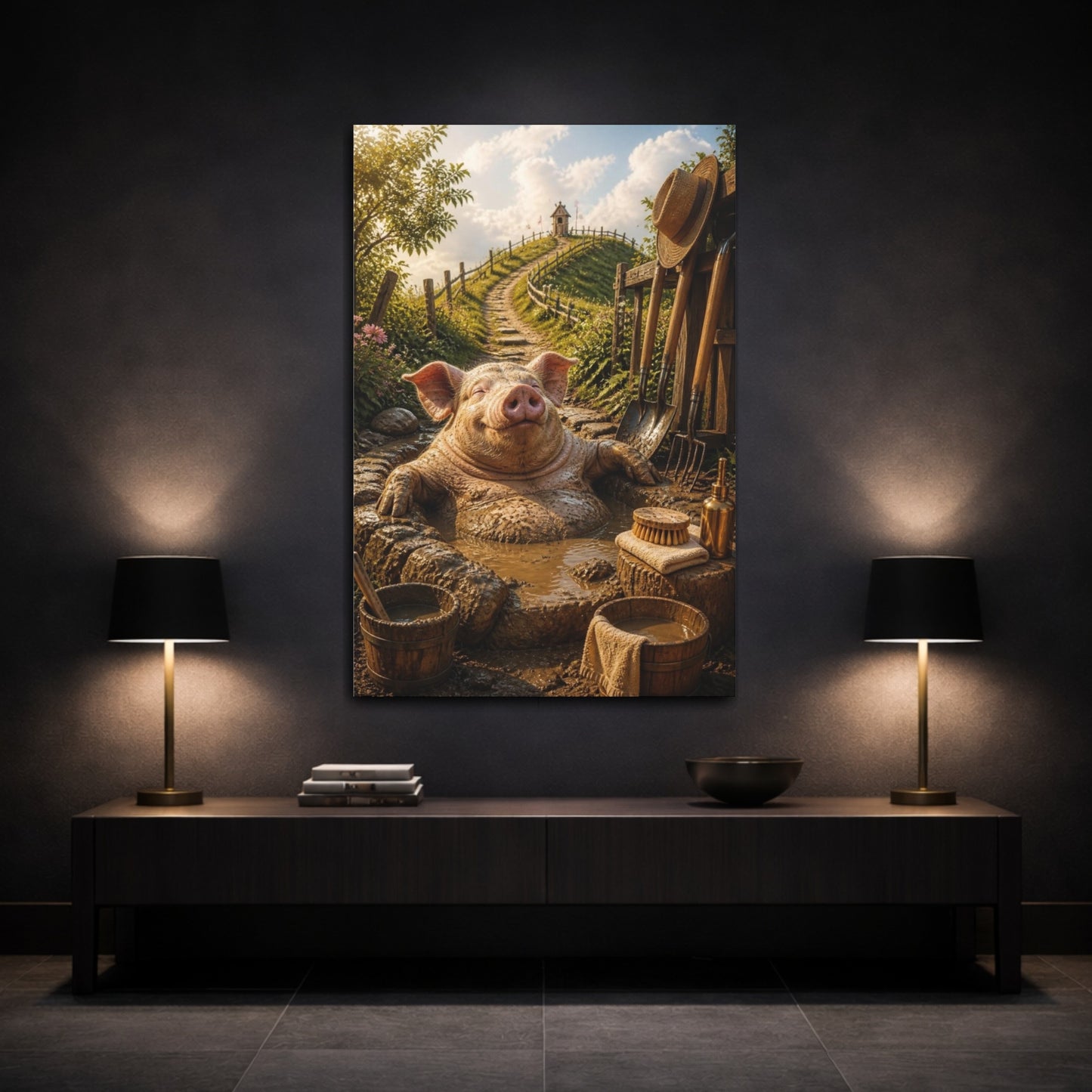 Mockup 3. Funny Mud Spa Pig shown as canvas print