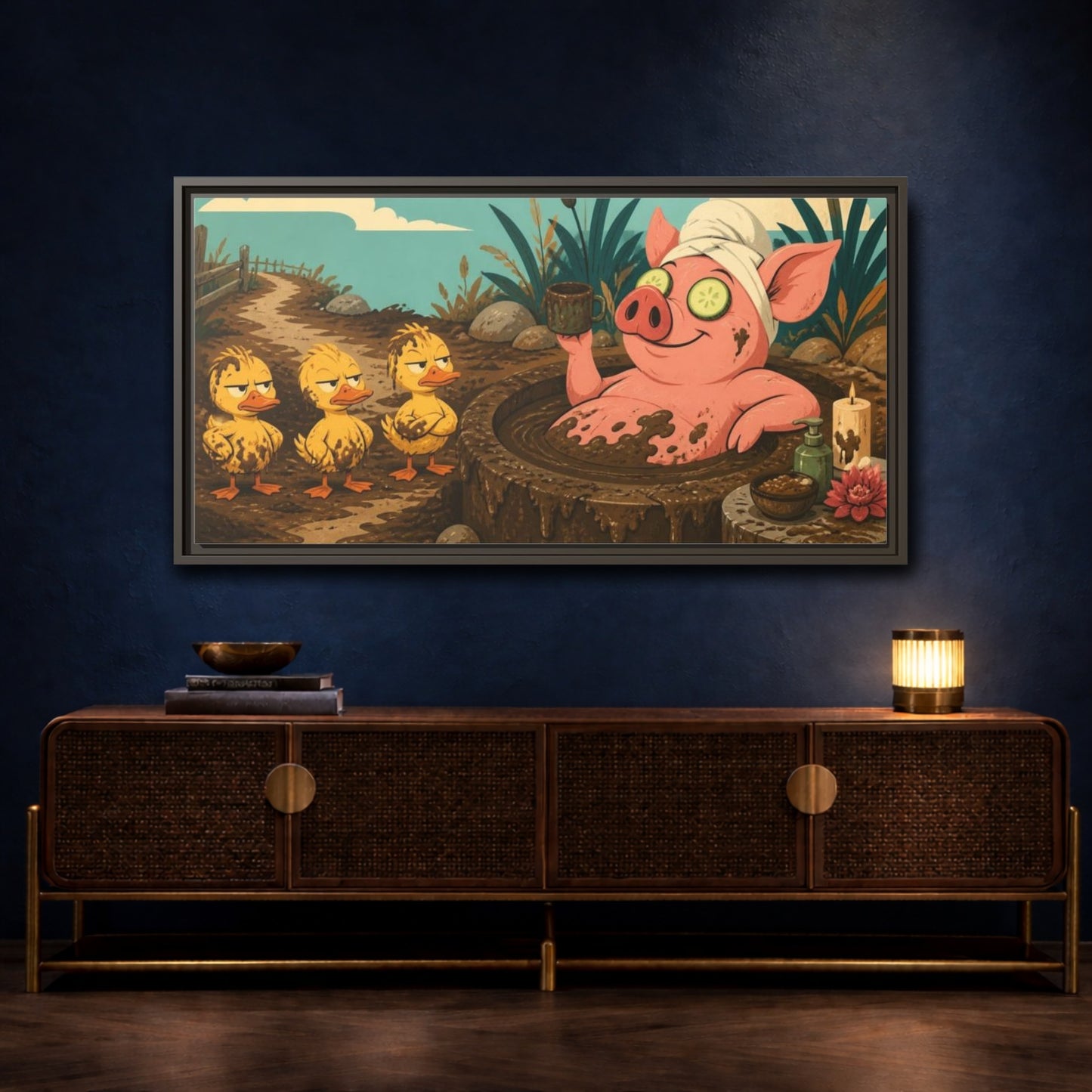 Mockup 4. Funny Mud Spa Pig shown as framed canvas print