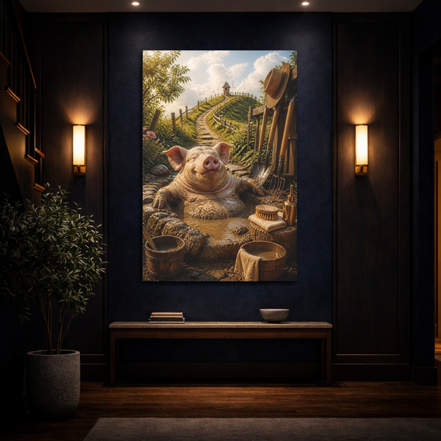 Mockup 4. Funny Mud Spa Pig shown as canvas print