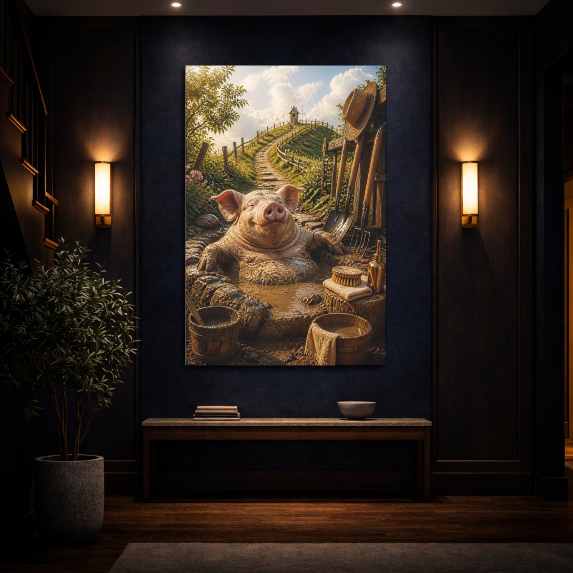 Mockup 4. Funny Mud Spa Pig shown as canvas print