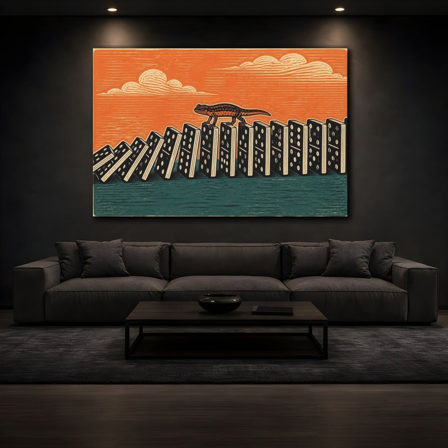 Funny Newt On Dominoes Canvas Print Wall Art – Living Room Decor, Above Fireplace - YesArtYes