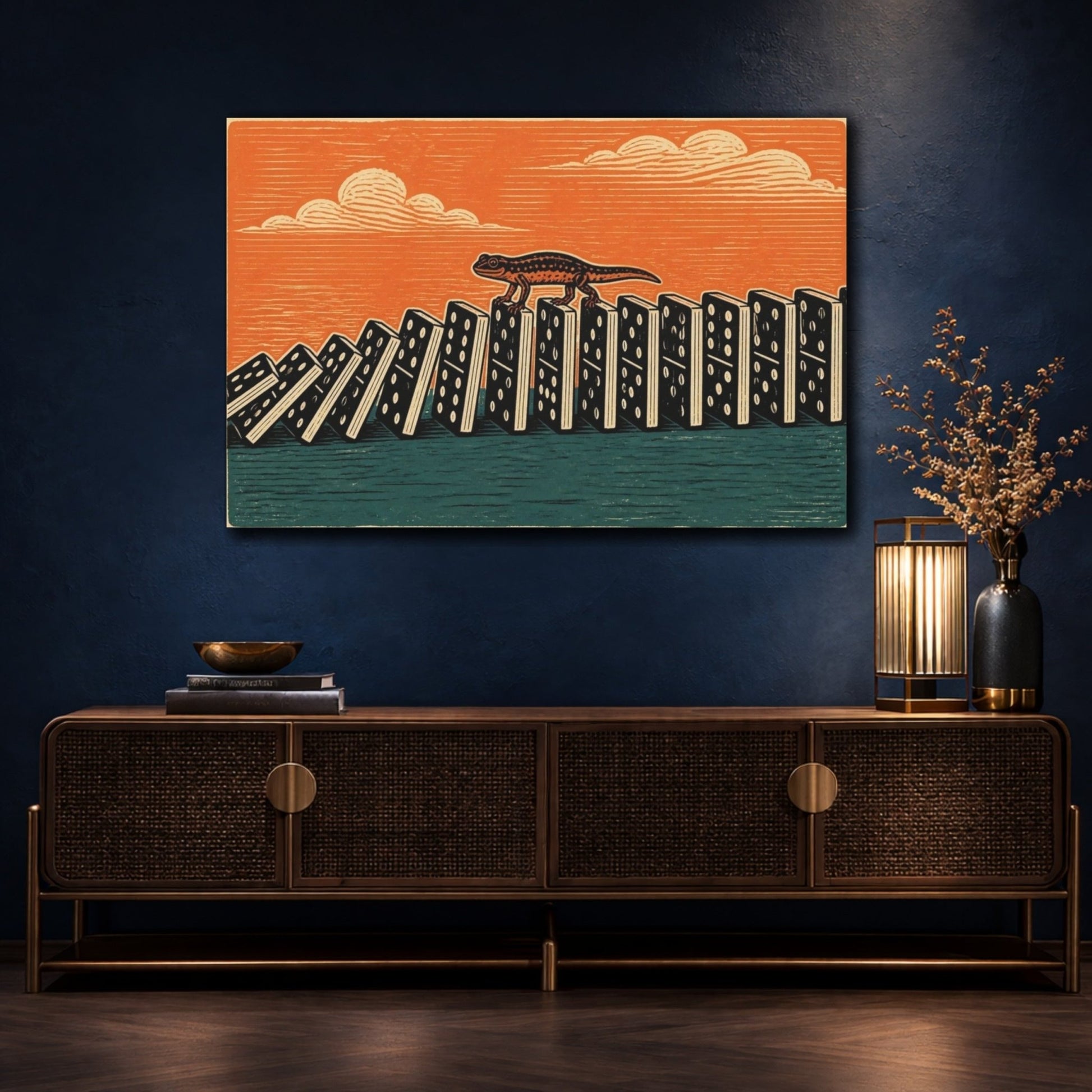 Funny Newt On Dominoes Canvas Print Wall Art – Living Room Decor, Above Fireplace - YesArtYes