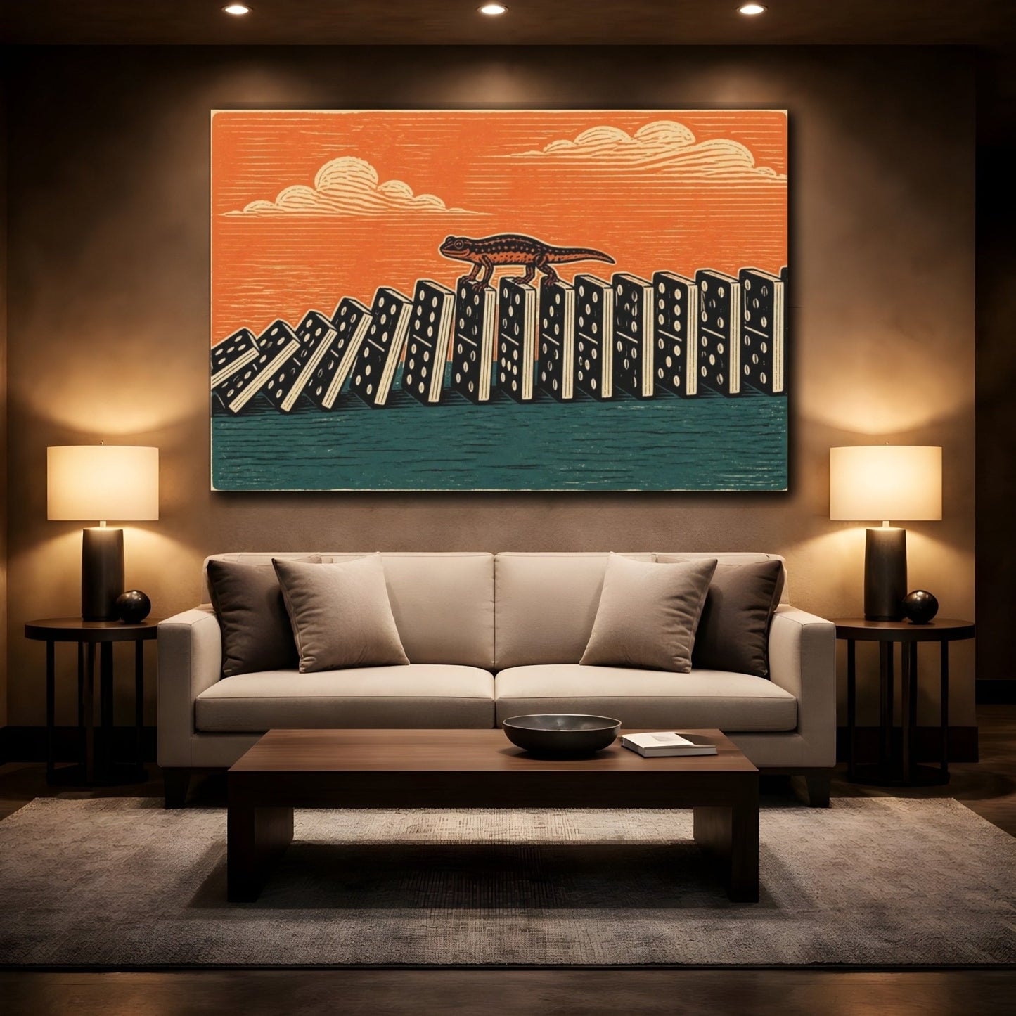 Funny Newt On Dominoes Canvas Print Wall Art – Living Room Decor, Above Fireplace - YesArtYes