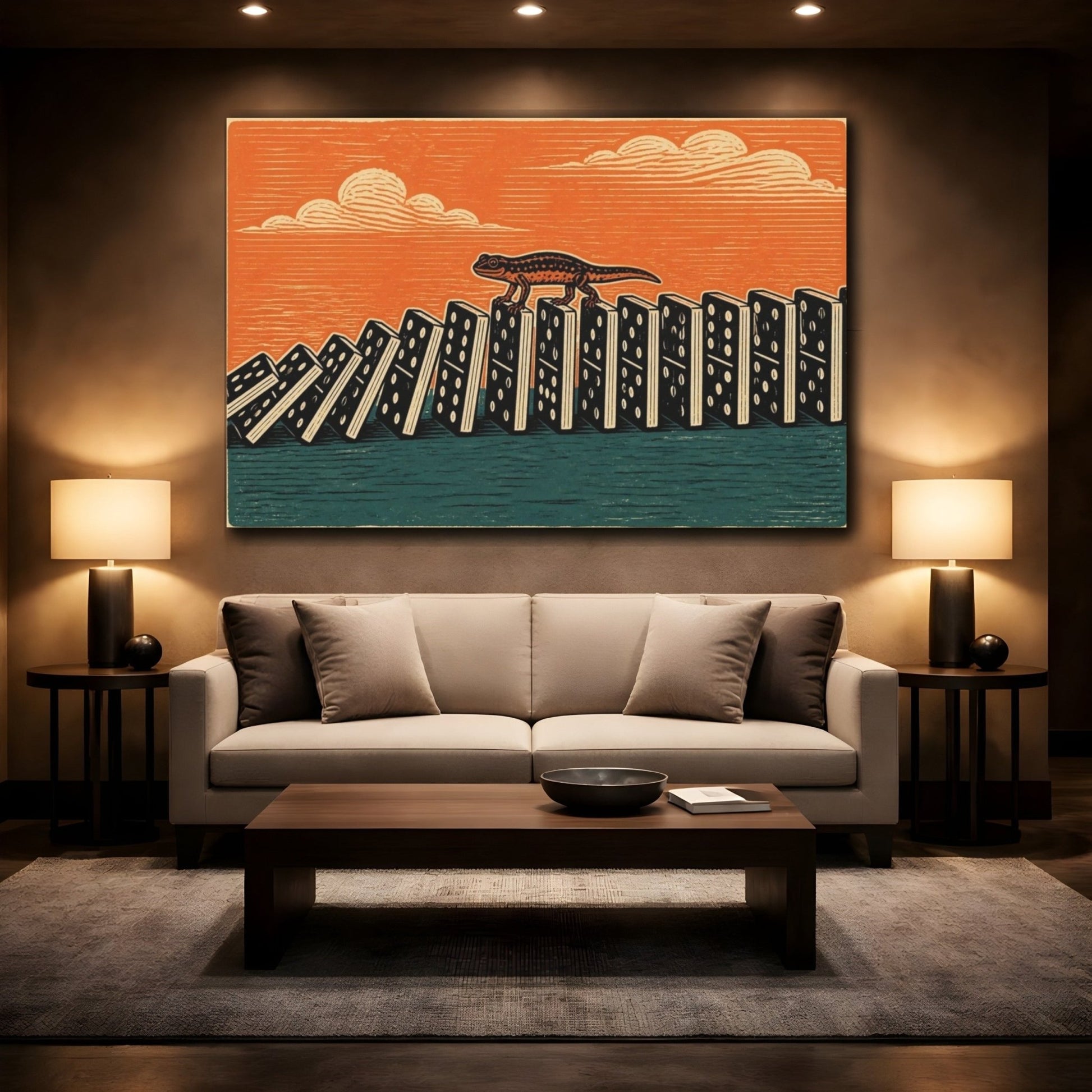 Funny Newt On Dominoes Canvas Print Wall Art – Living Room Decor, Above Fireplace - YesArtYes