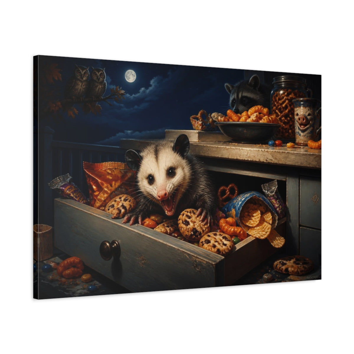 Main Mockup. Funny Opossum Snack Heist shown as canvas print