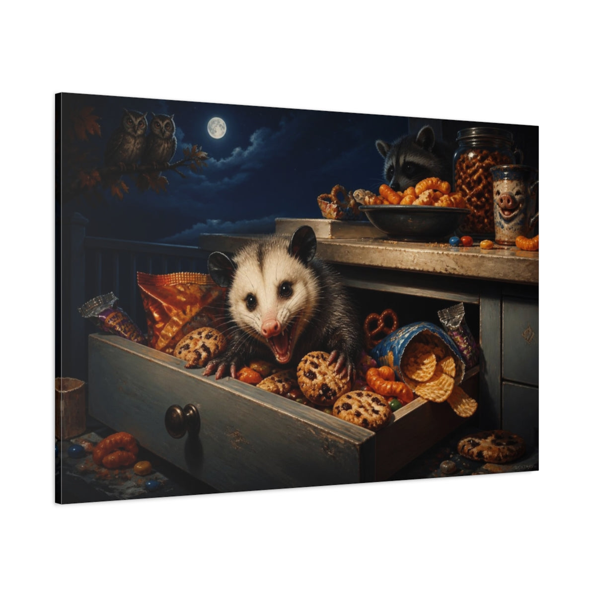 Side Mockup 1. Funny Opossum Snack Heist shown as canvas print