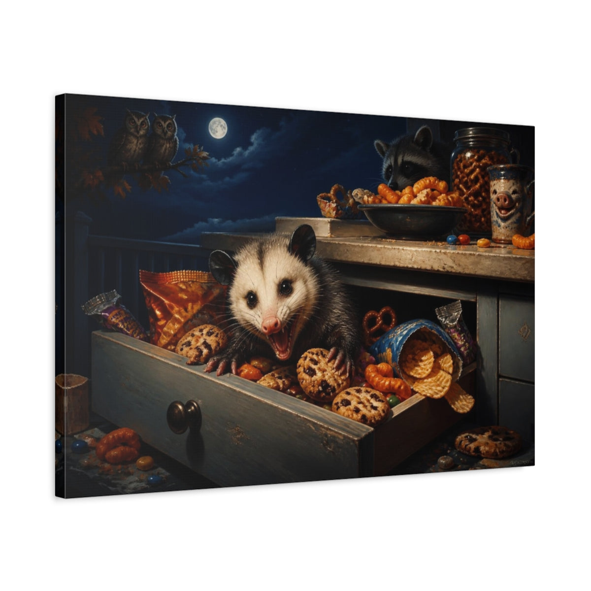 Side Mockup 2. Funny Opossum Snack Heist shown as canvas print