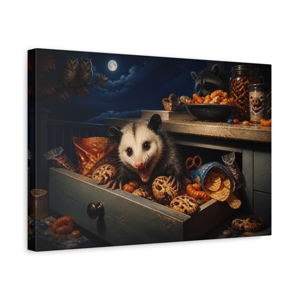 Side Mockup 4. Funny Opossum Snack Heist shown as canvas print