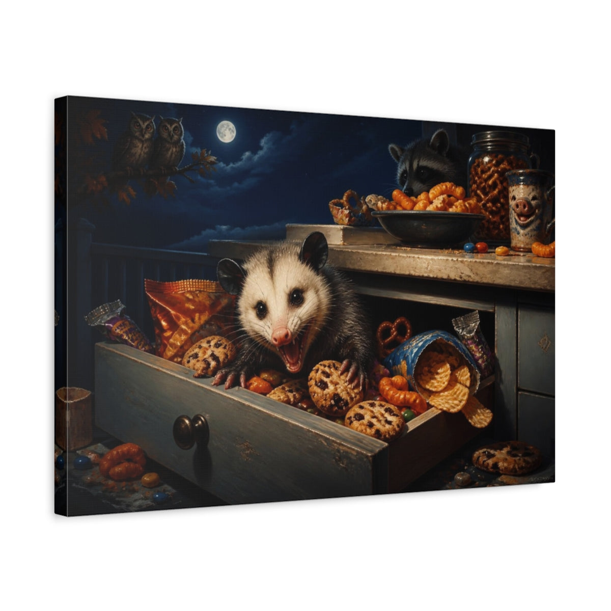 Side Mockup 3. Funny Opossum Snack Heist shown as canvas print