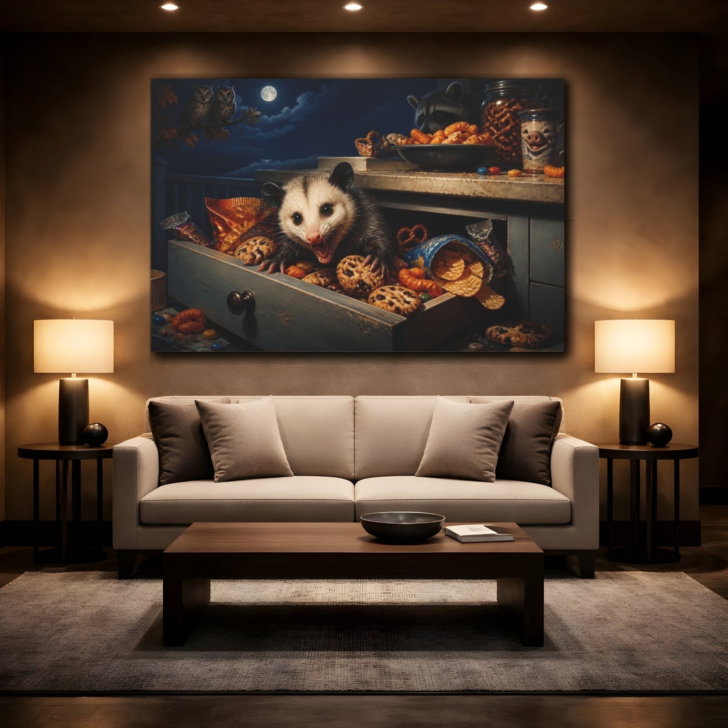 Mockup 2. Funny Opossum Snack Heist shown as canvas print