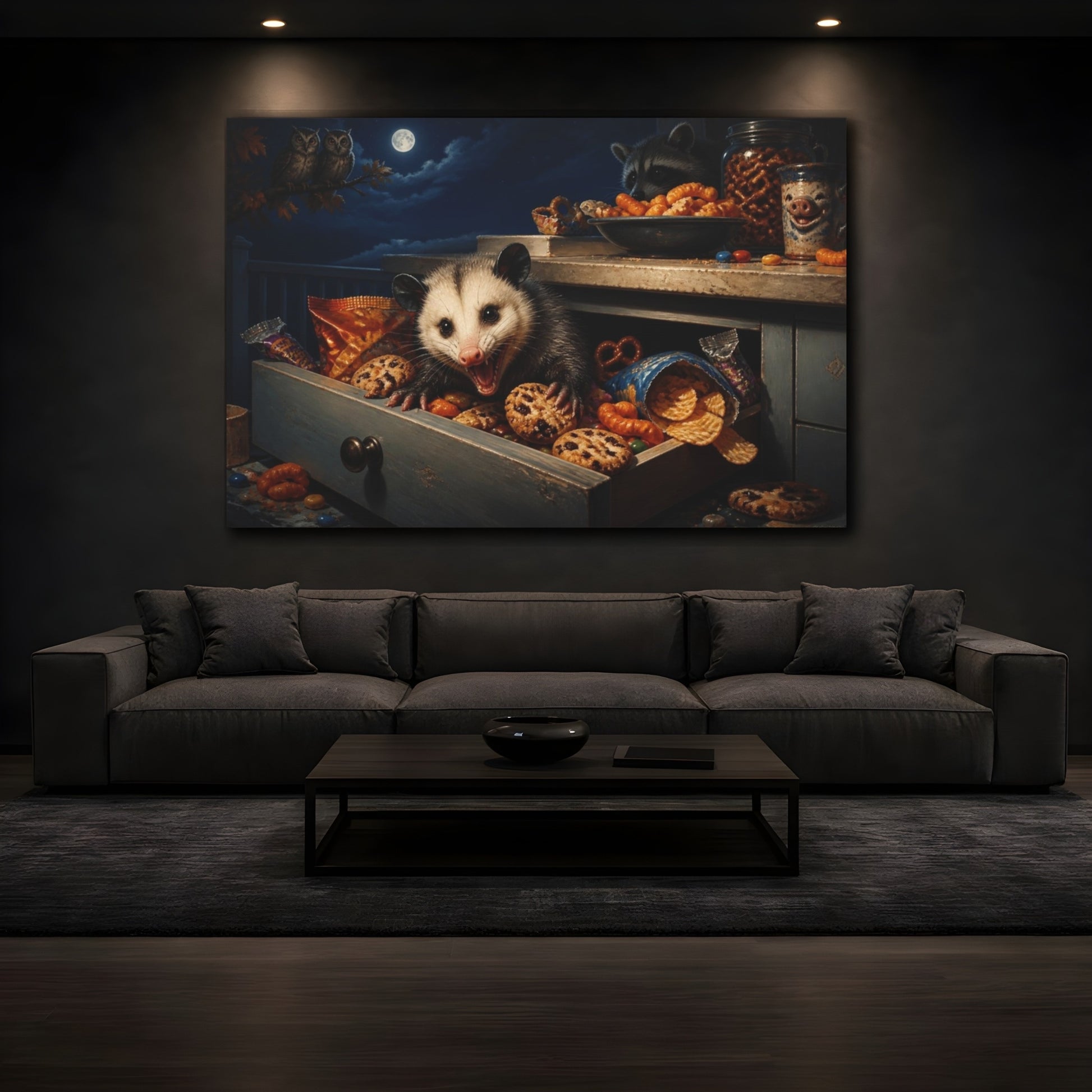 Mockup 3. Funny Opossum Snack Heist shown as canvas print