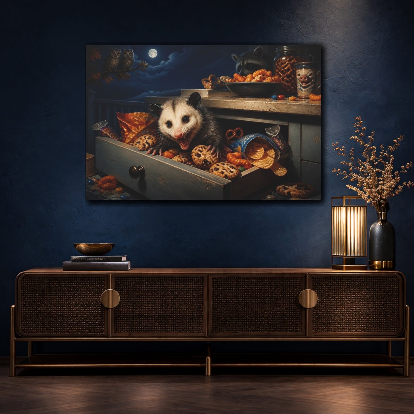 Mockup 4. Funny Opossum Snack Heist shown as canvas print
