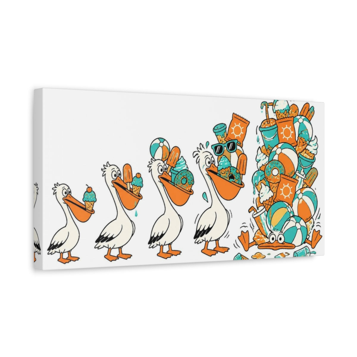 Side Mockup 3. Funny Pelican Beach Snacks shown as canvas print