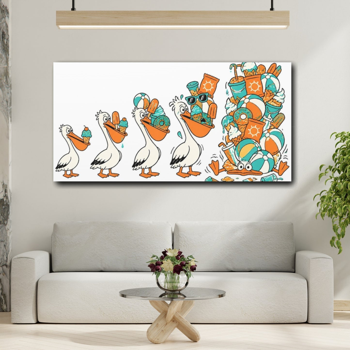 Mockup 2. Funny Pelican Beach Snacks shown as canvas print