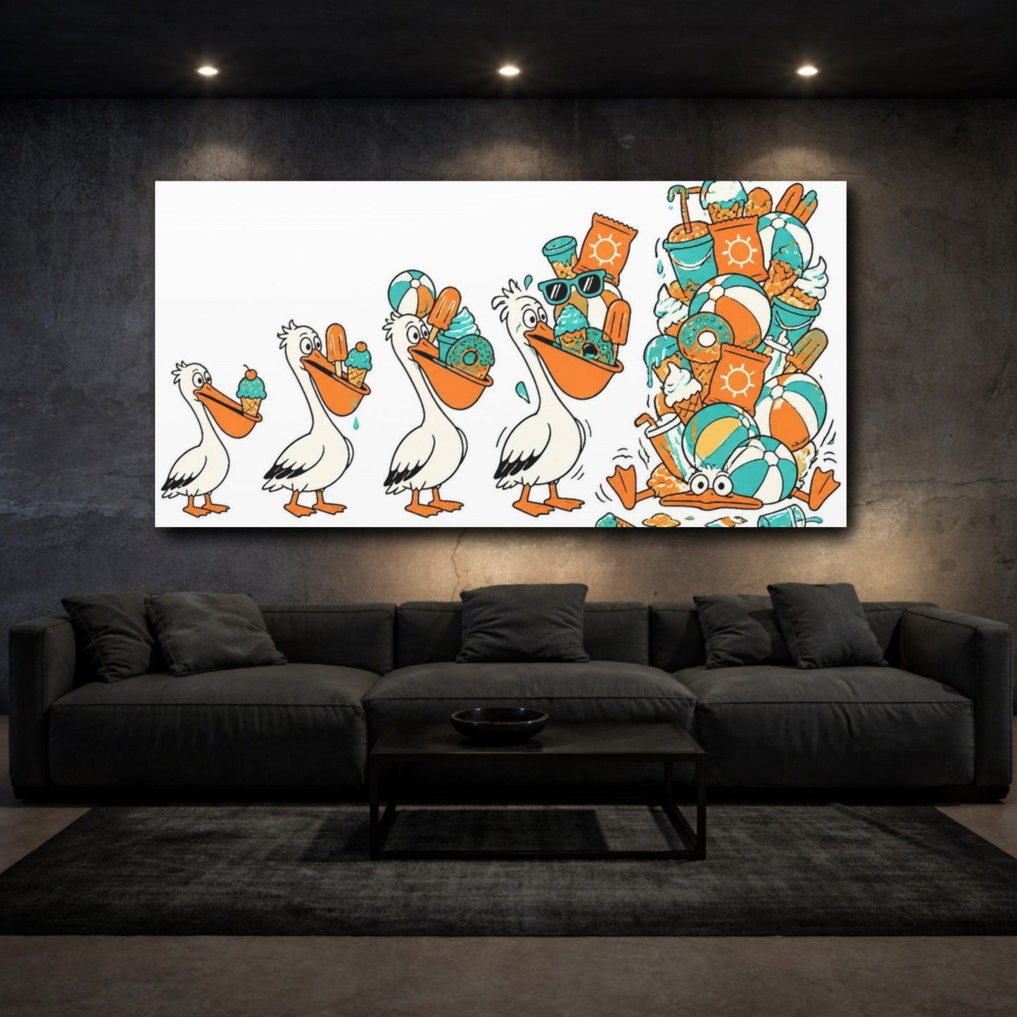 Mockup 3. Funny Pelican Beach Snacks shown as canvas print