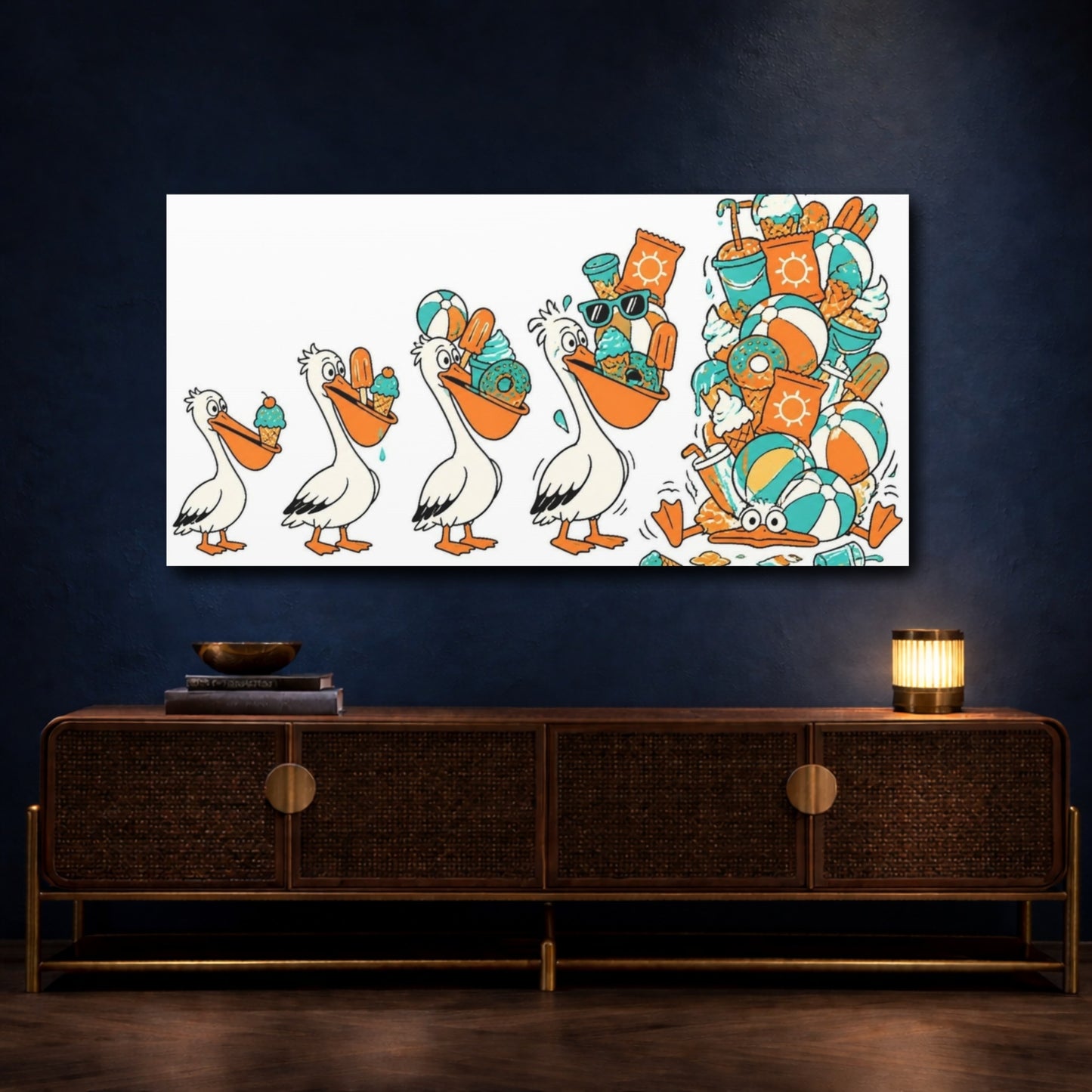 Mockup 4. Funny Pelican Beach Snacks shown as canvas print