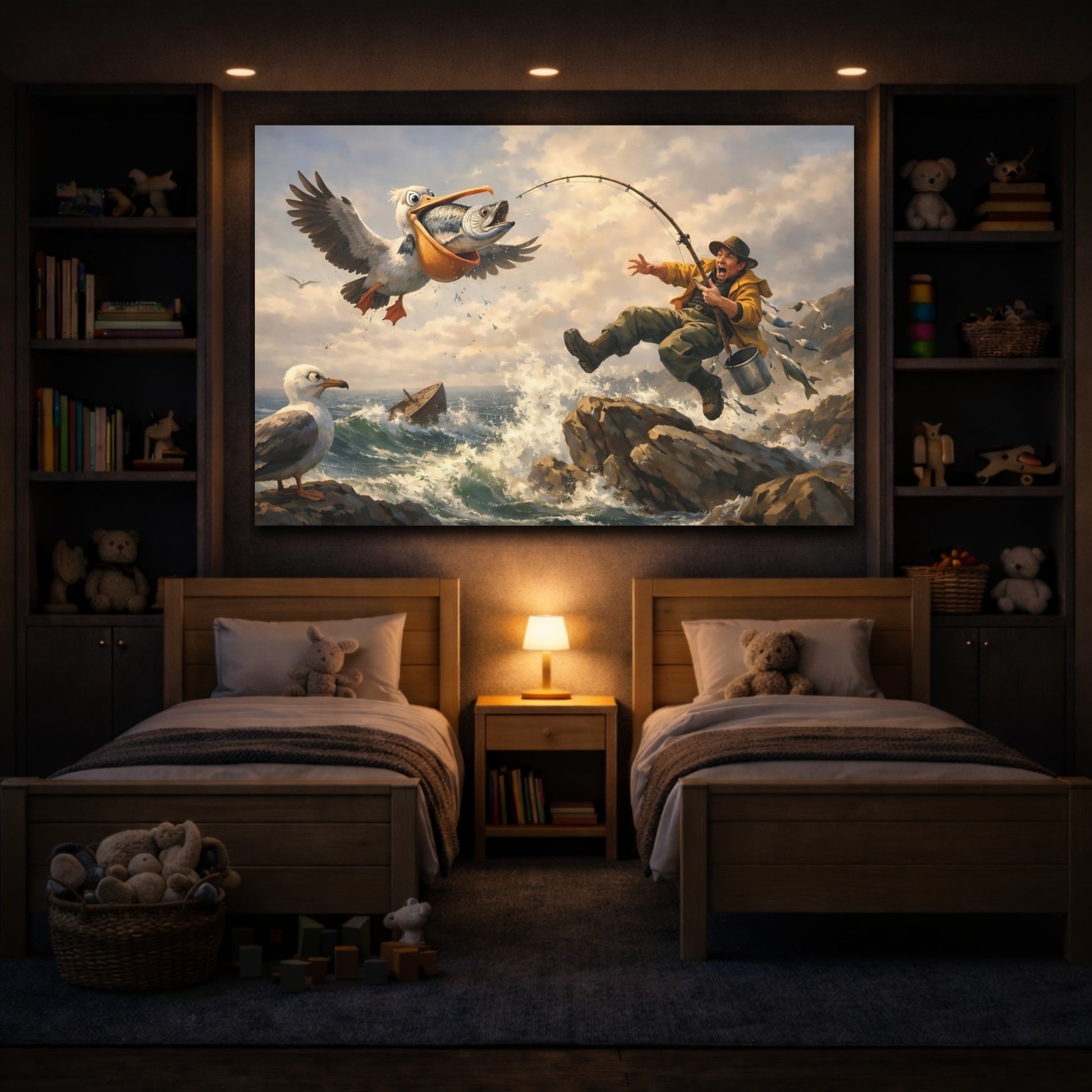 Funny Pelican Fishing Funny Ocean Fishing shown as front canvas room wall art