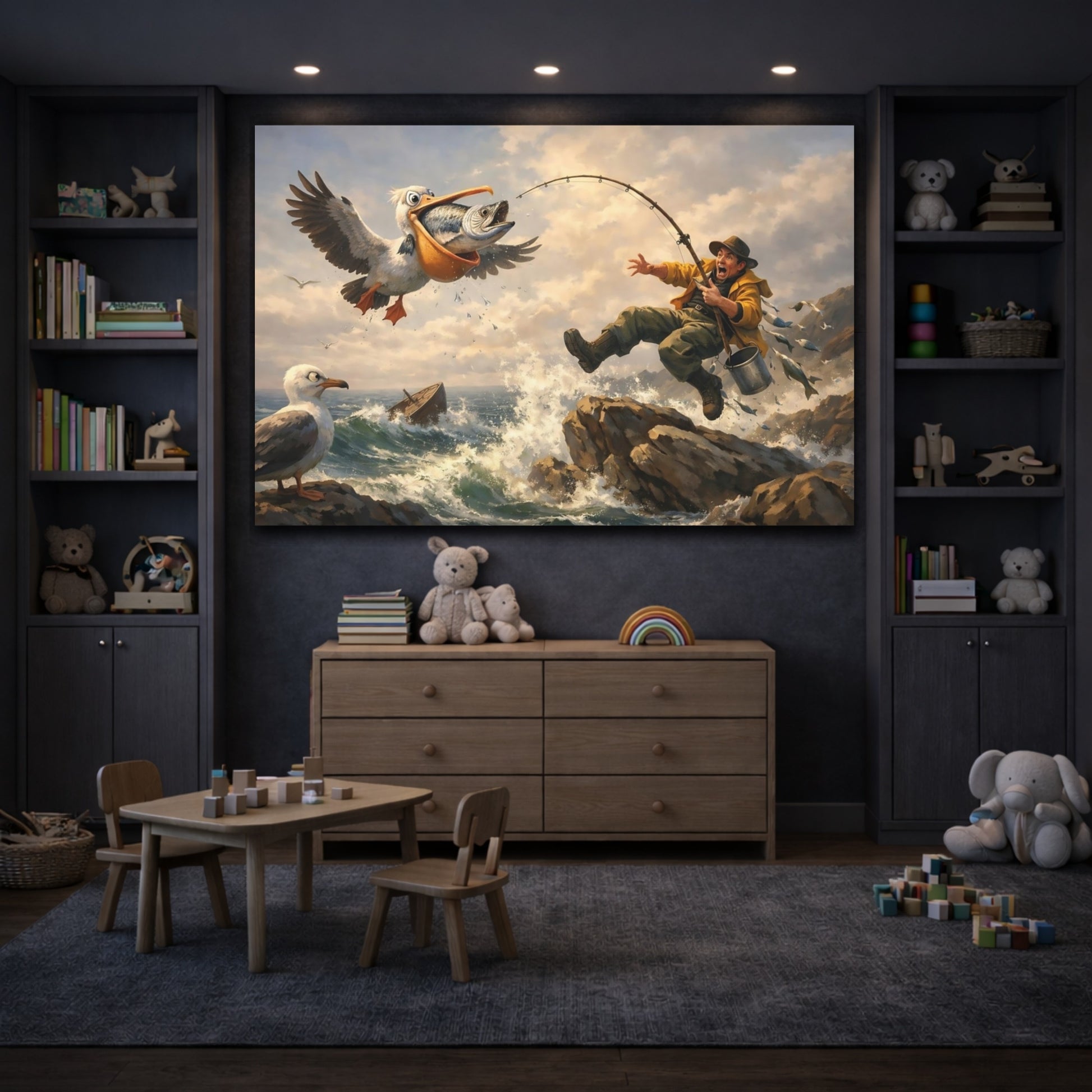 Funny Pelican Fishing Funny Ocean Fishing shown as front canvas room wall art