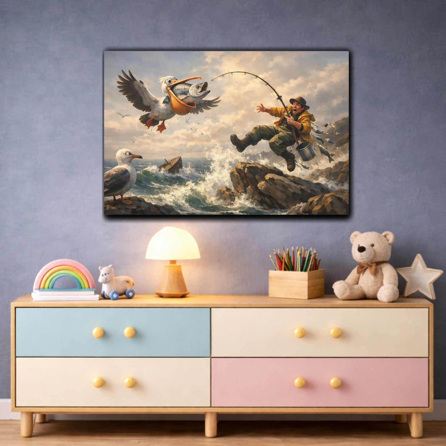 Funny Pelican Fishing Funny Ocean Fishing shown as front canvas room wall art