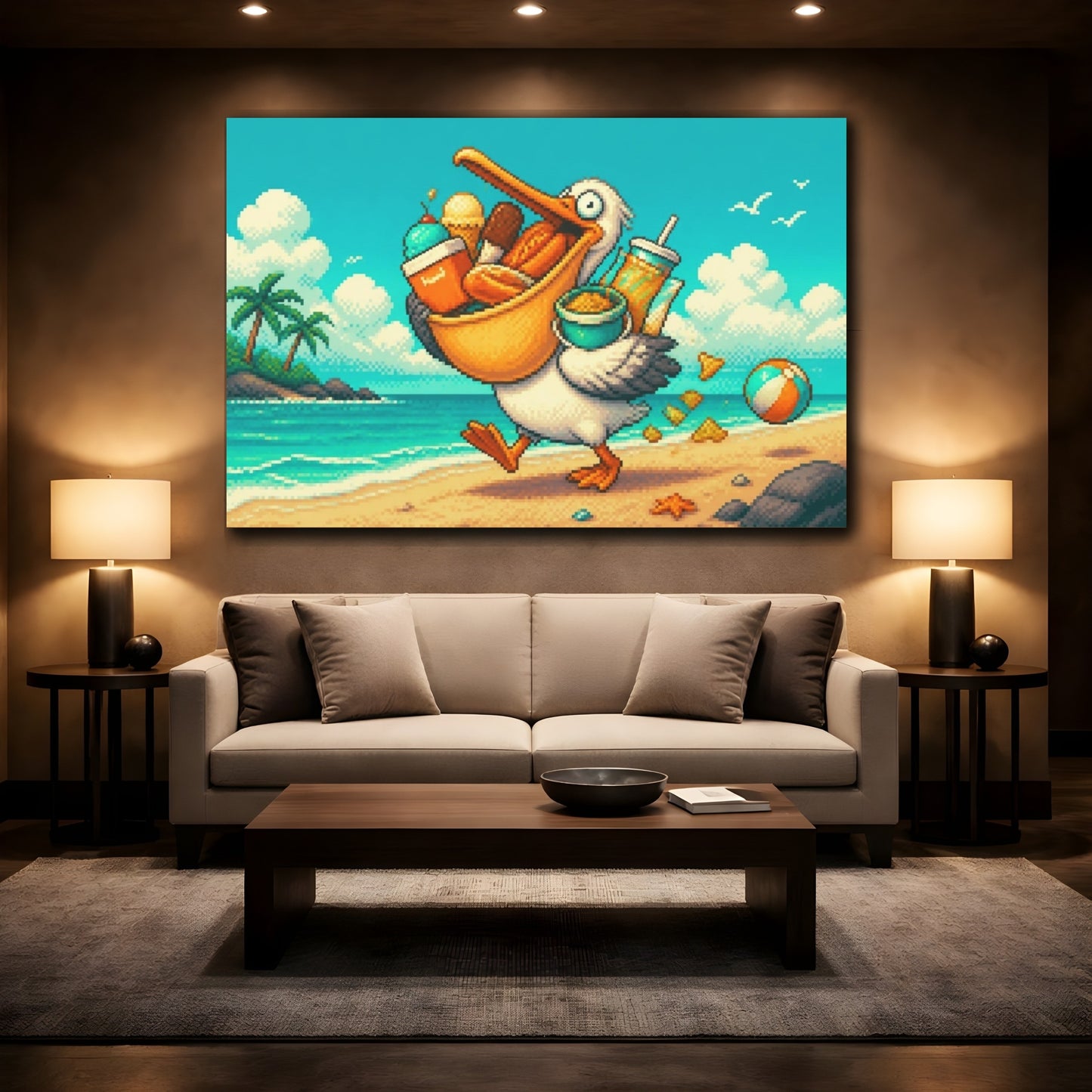 Mockup 2. Funny Pelican Snack Run shown as canvas print