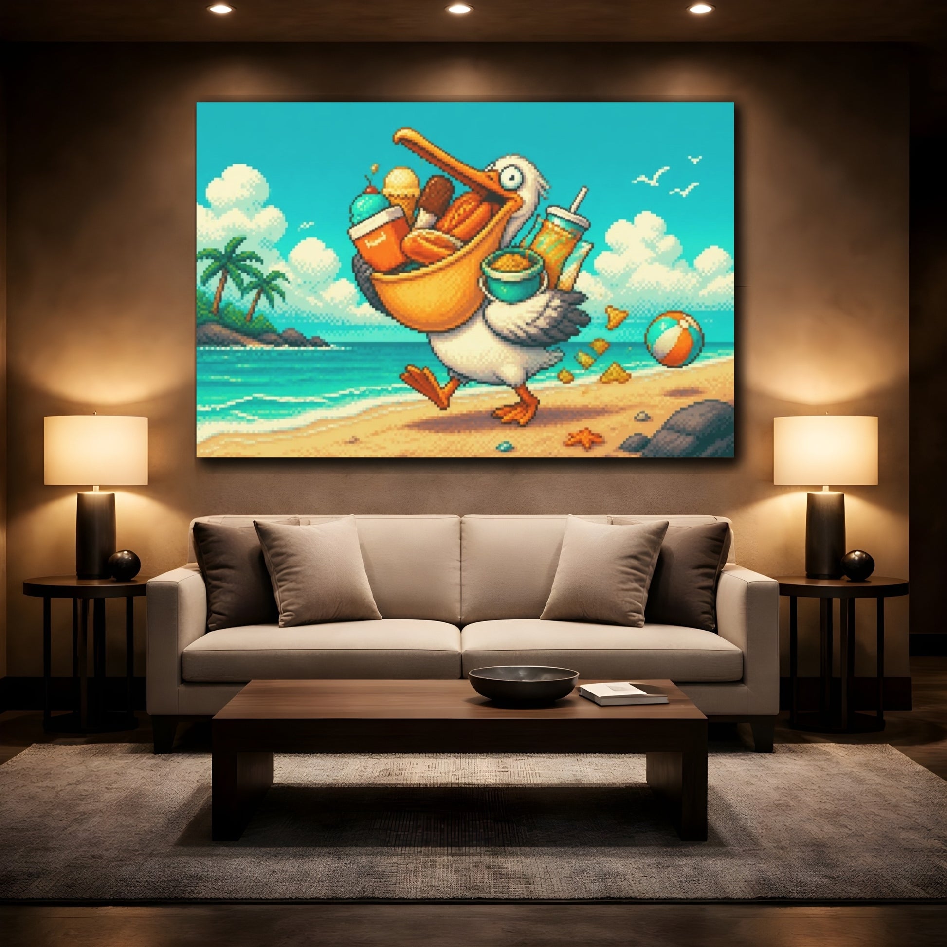 Mockup 2. Funny Pelican Snack Run shown as canvas print