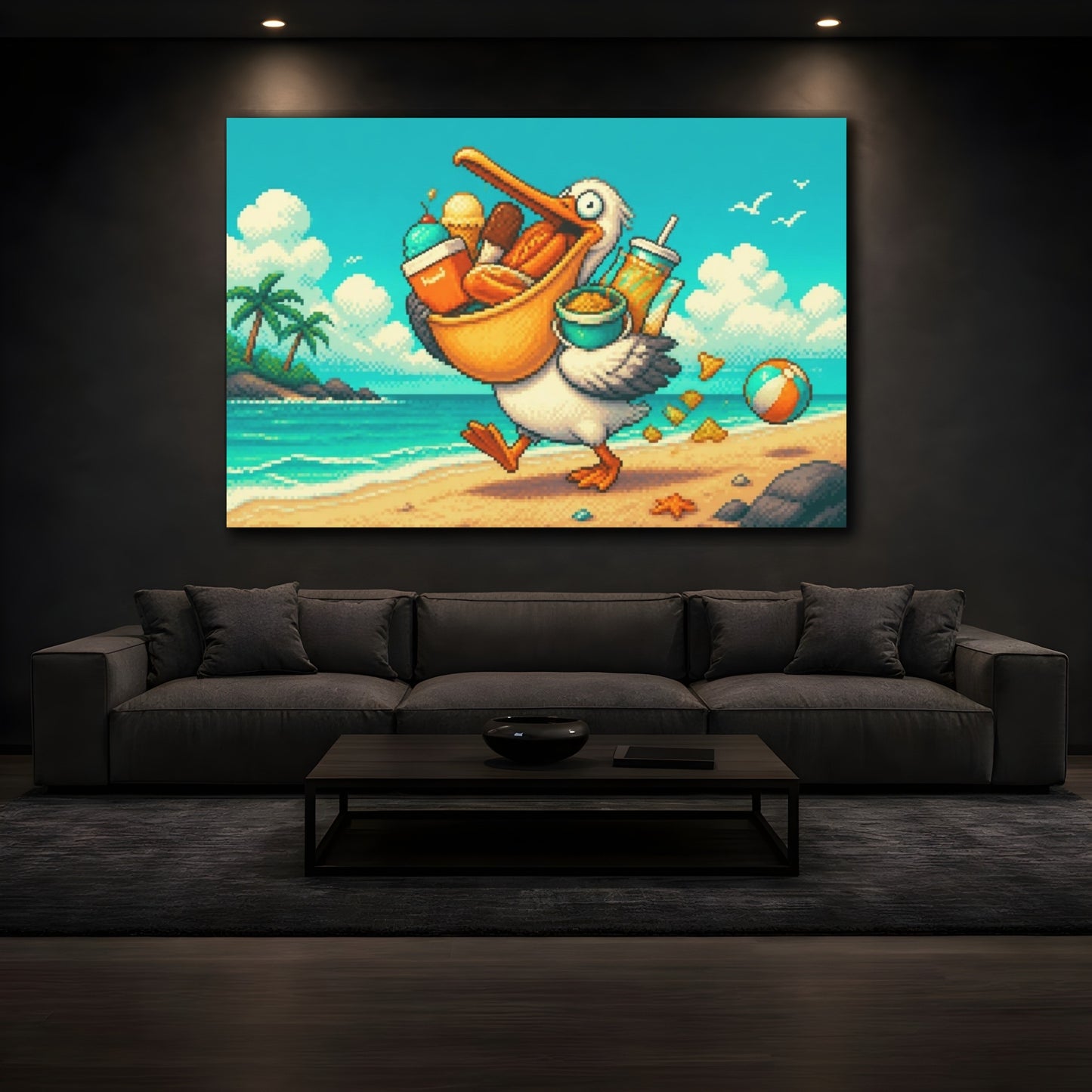 Mockup 3. Funny Pelican Snack Run shown as canvas print