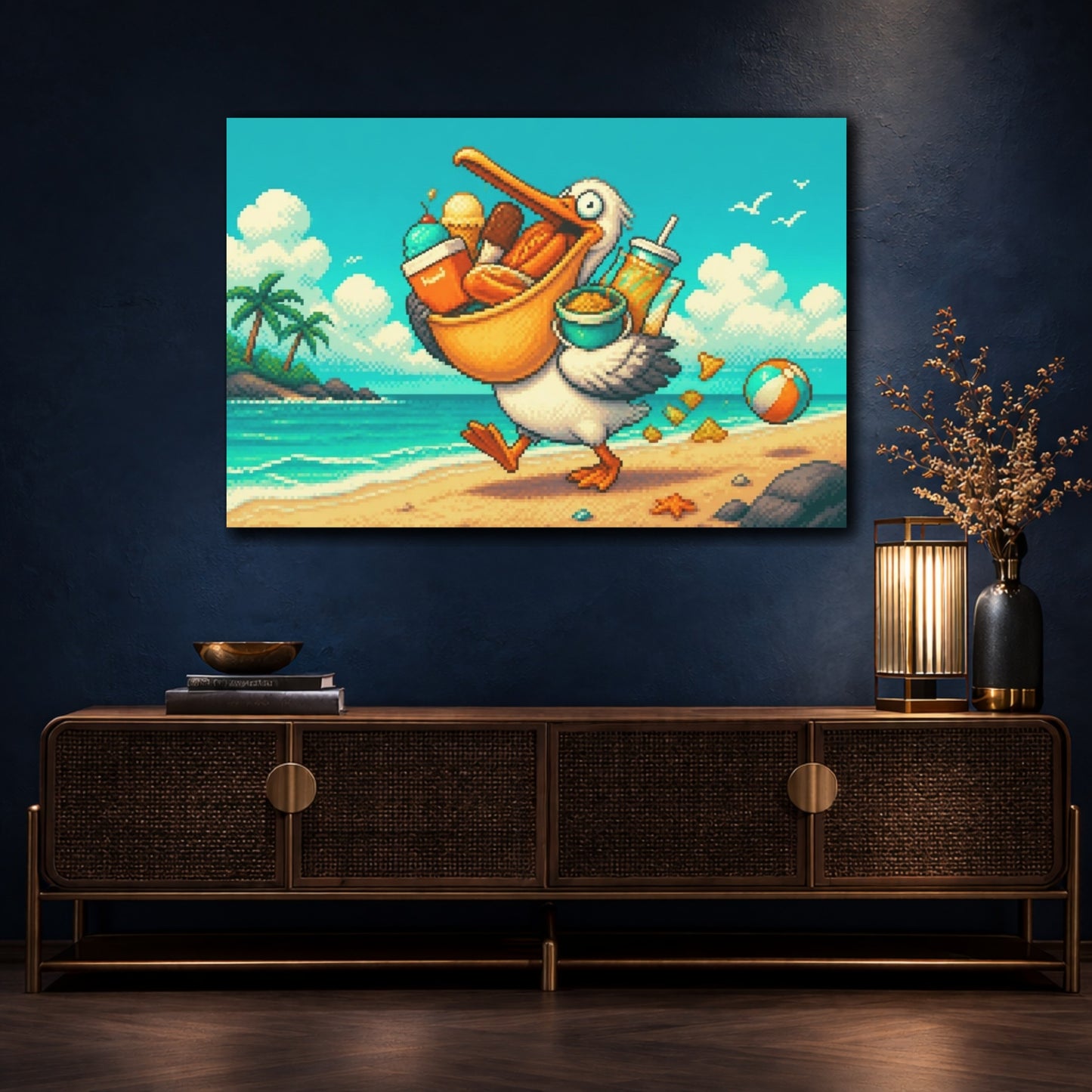 Mockup 4. Funny Pelican Snack Run shown as canvas print