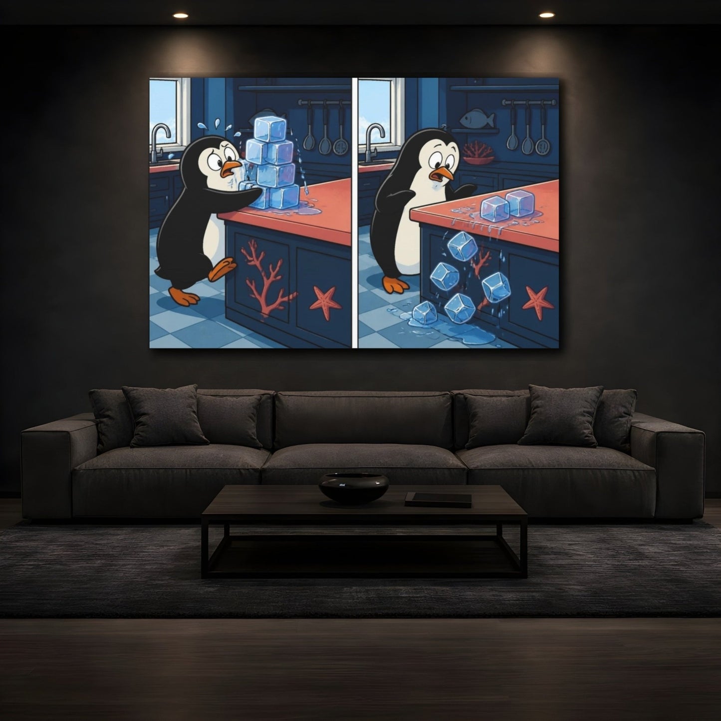 Funny Penguin And Ice Cubes Canvas Print Wall Art – Kitchen Decor - YesArtYes