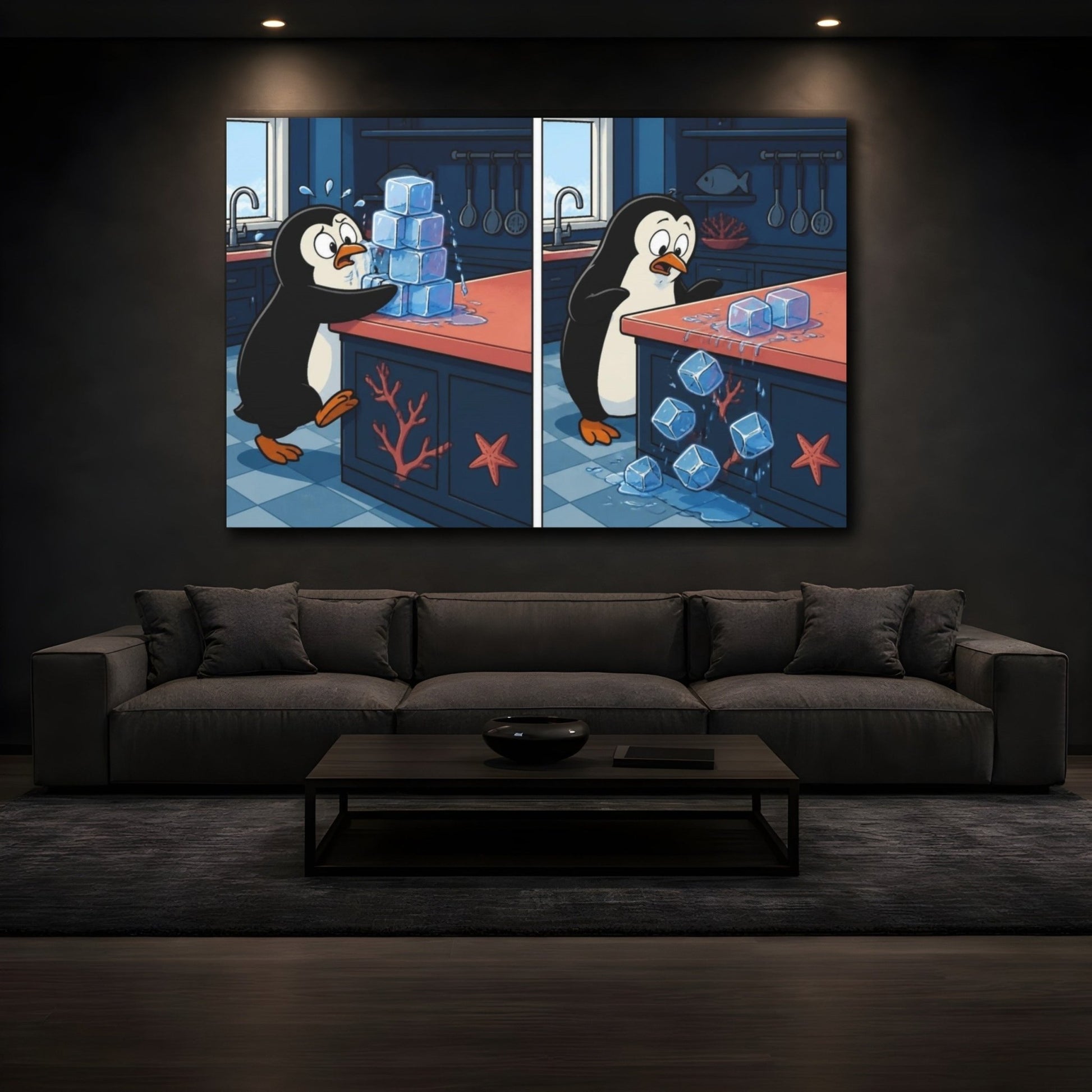 Funny Penguin And Ice Cubes Canvas Print Wall Art – Kitchen Decor - YesArtYes