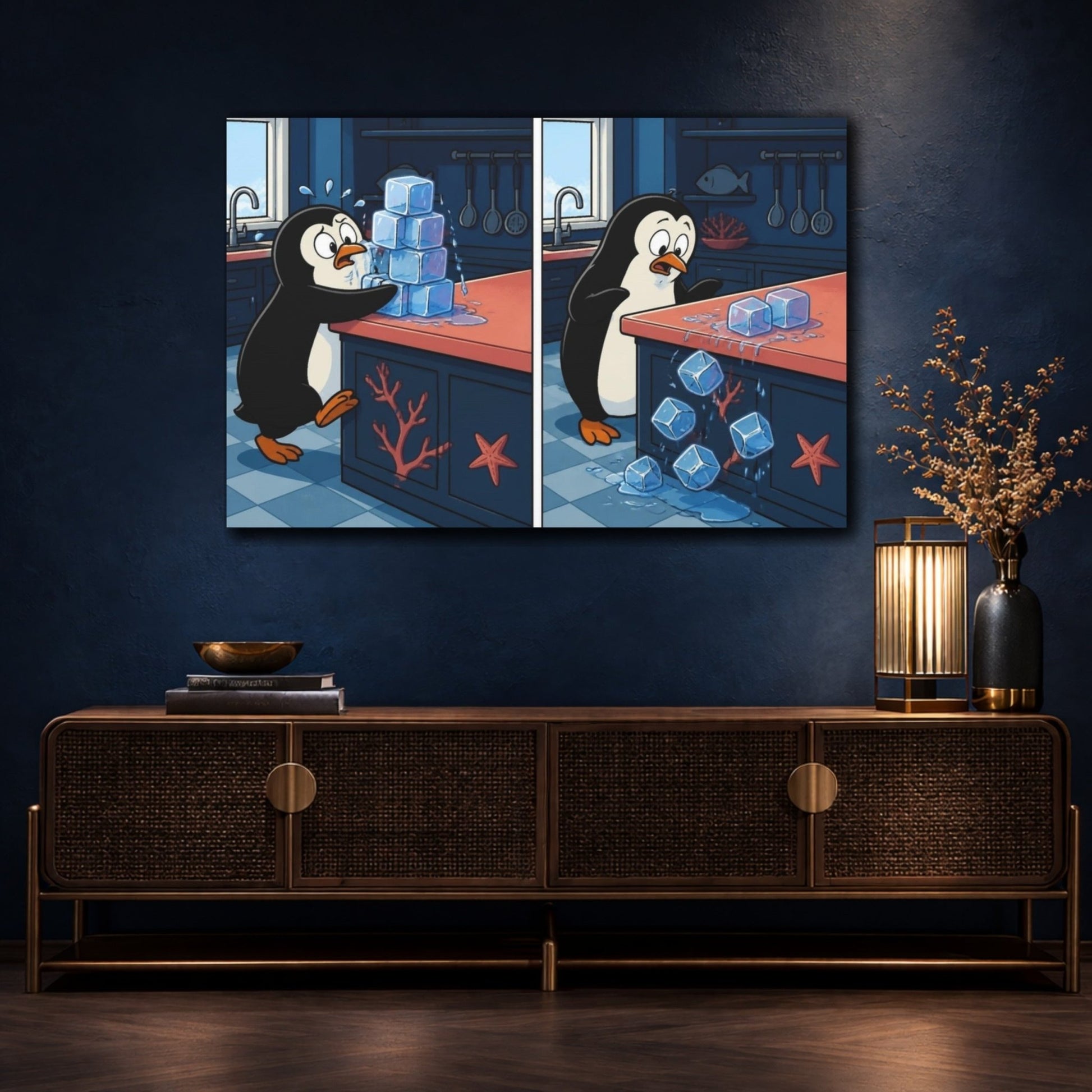 Funny Penguin And Ice Cubes Canvas Print Wall Art – Kitchen Decor - YesArtYes