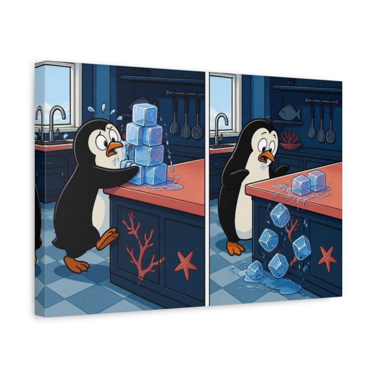 Funny Penguin And Ice Cubes Canvas Print Wall Art – Kitchen Decor - YesArtYes