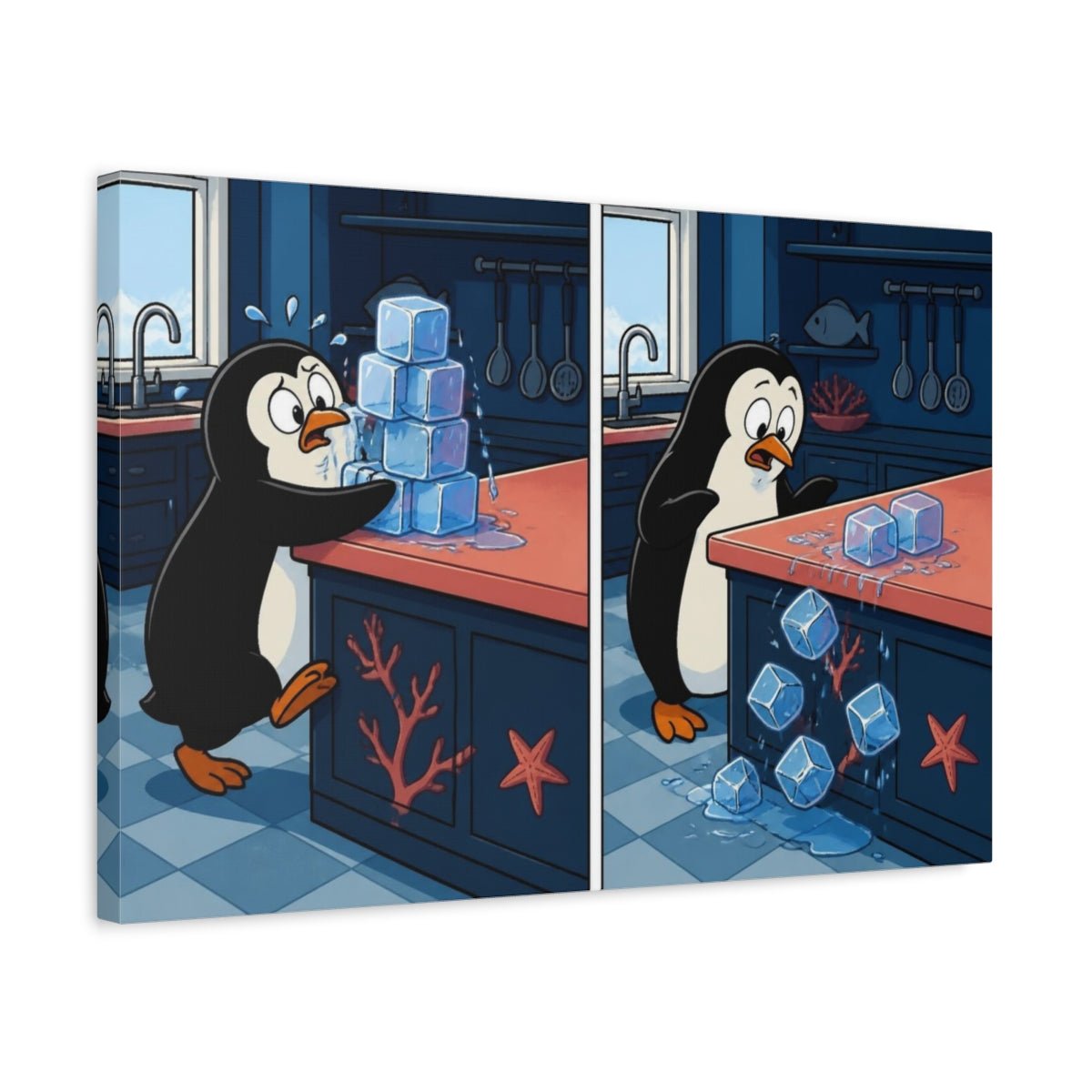 Funny Penguin And Ice Cubes Canvas Print Wall Art – Kitchen Decor - YesArtYes