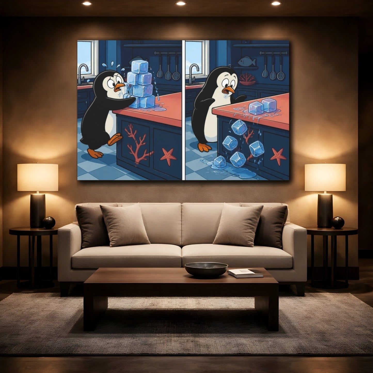 Funny Penguin And Ice Cubes Canvas Print Wall Art – Kitchen Decor - YesArtYes