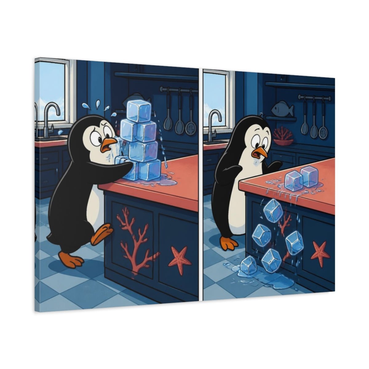 Funny Penguin And Ice Cubes Canvas Print Wall Art – Kitchen Decor - YesArtYes