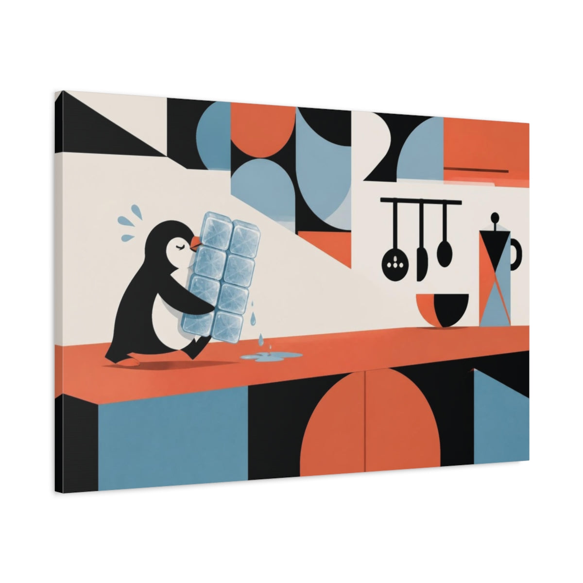 Main Mockup. Funny Penguin Carrying Ice shown as canvas print
