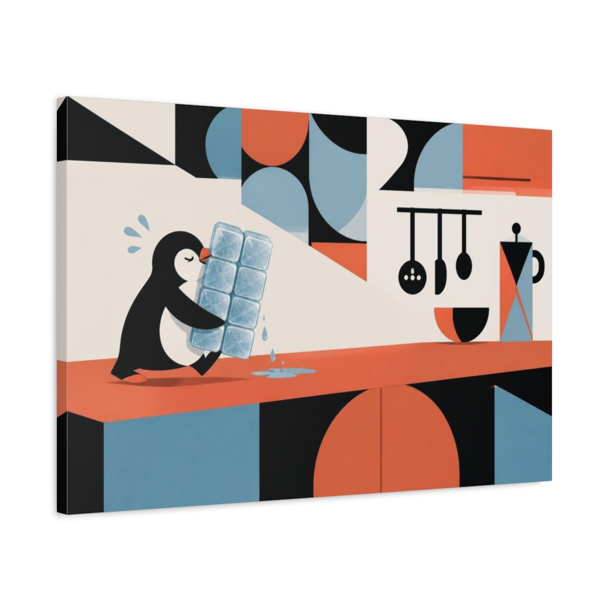 Side Mockup 2. Funny Penguin Carrying Ice shown as canvas print