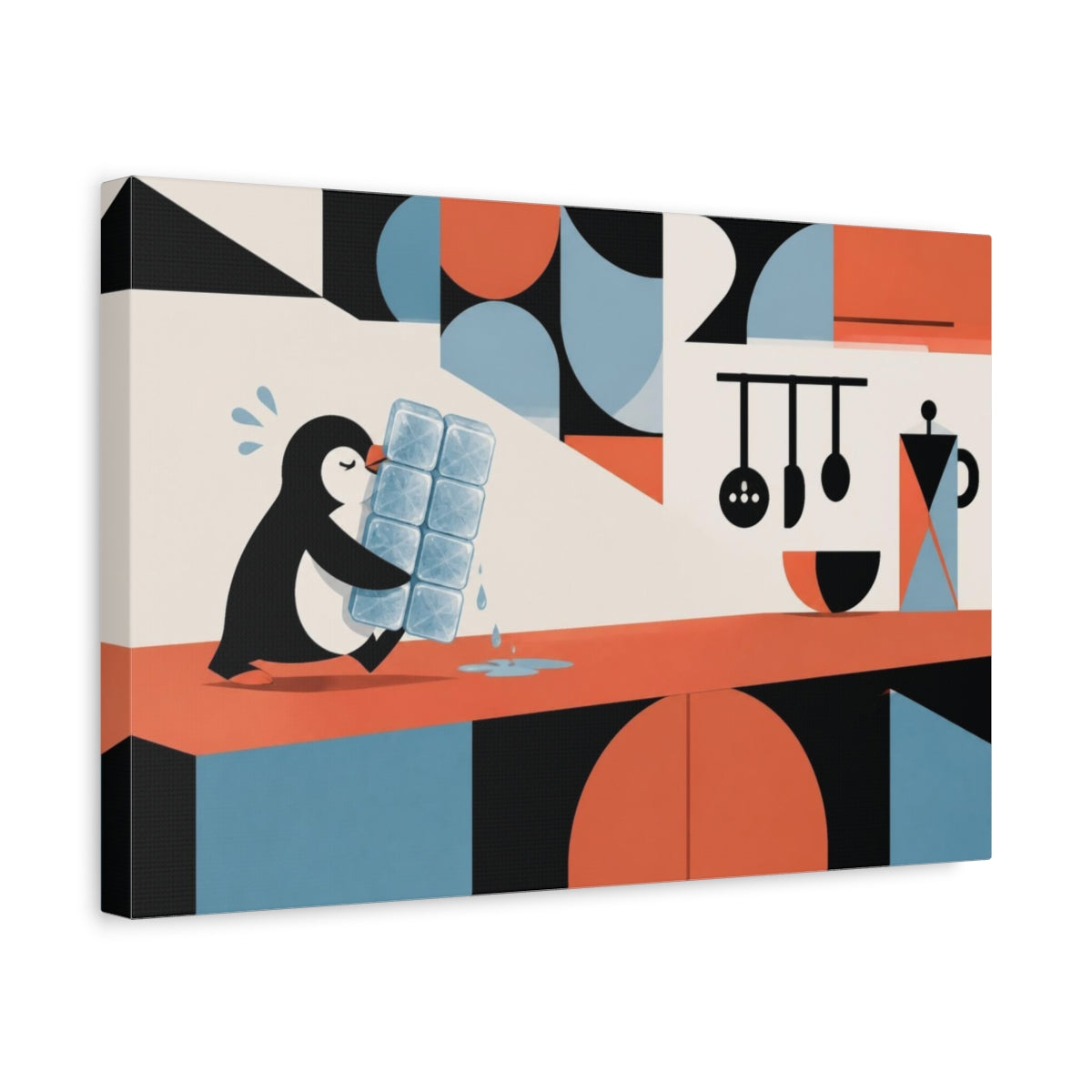 Side Mockup 4. Funny Penguin Carrying Ice shown as canvas print