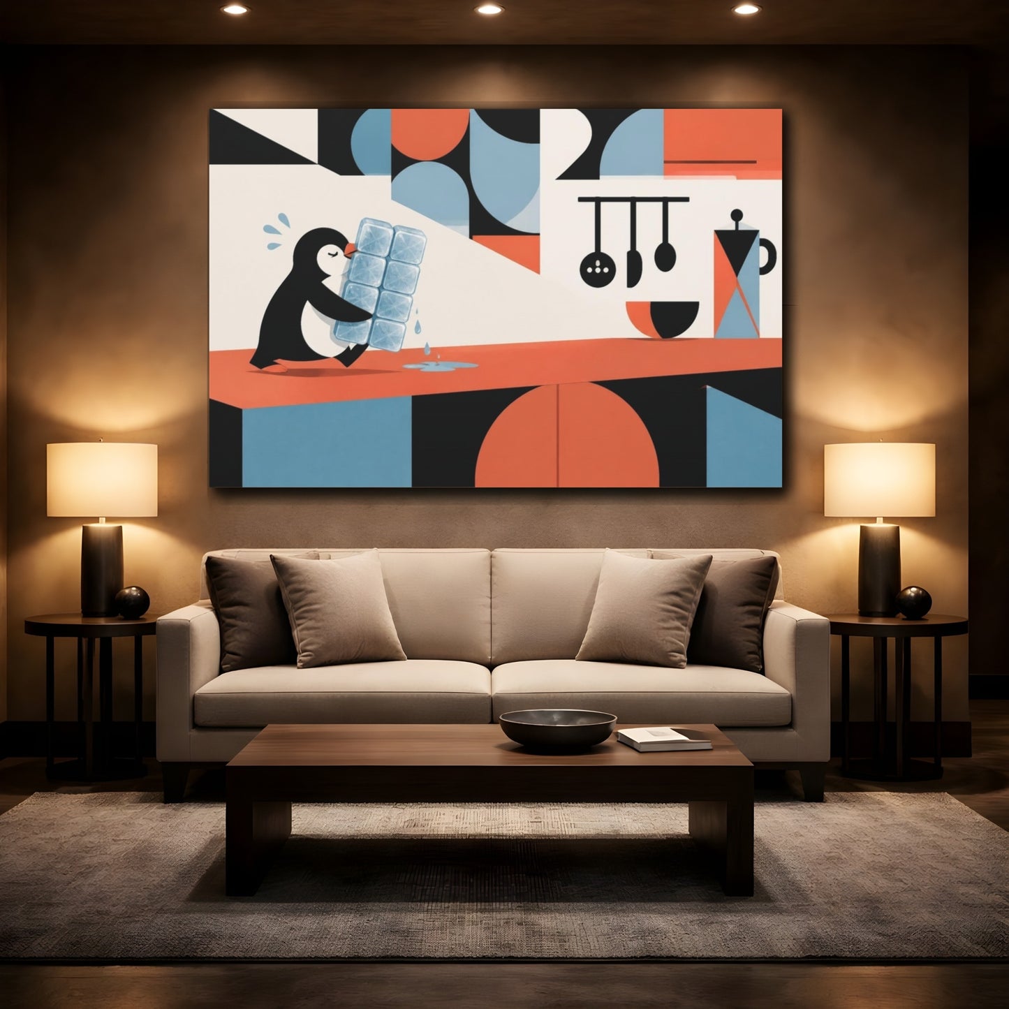 Mockup 2. Funny Penguin Carrying Ice shown as canvas print