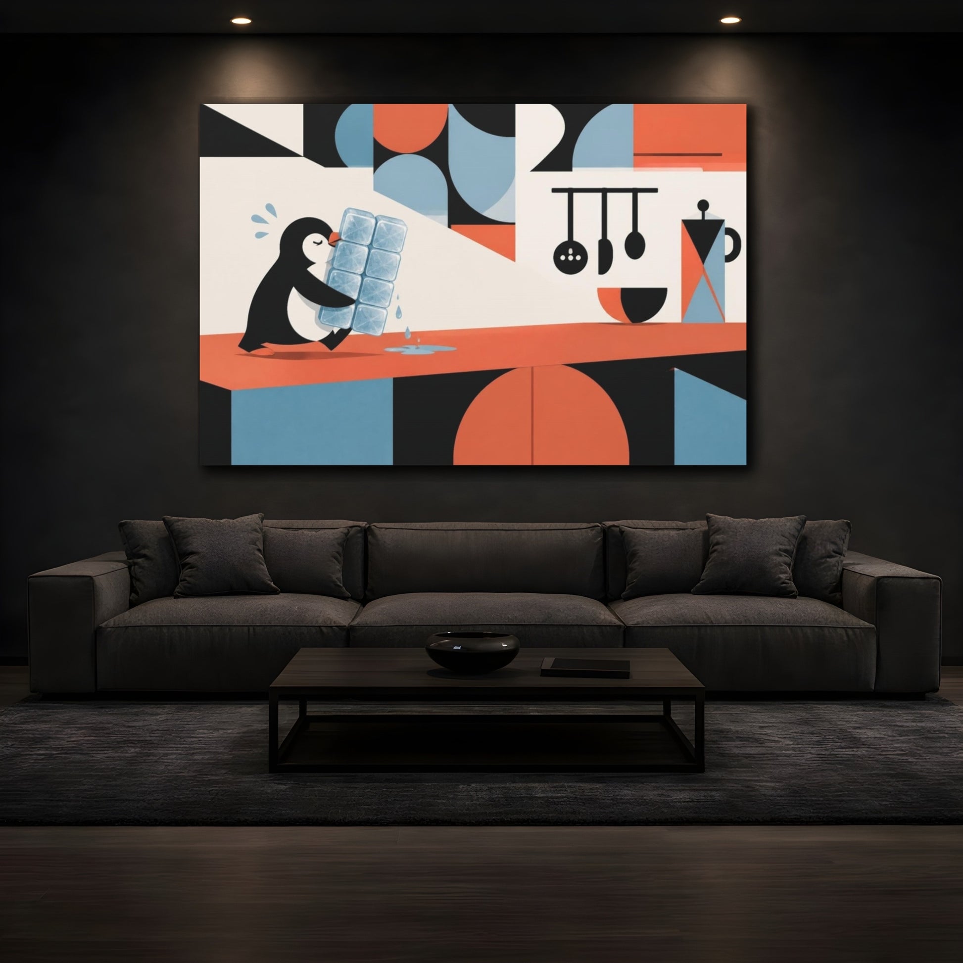 Mockup 3. Funny Penguin Carrying Ice shown as canvas print