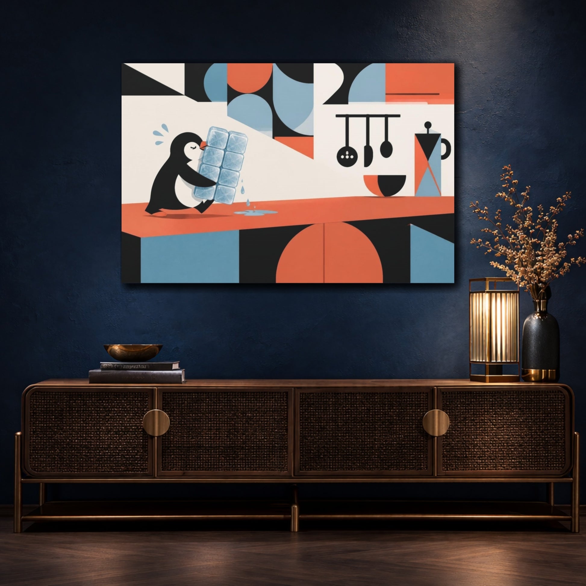 Mockup 4. Funny Penguin Carrying Ice shown as canvas print