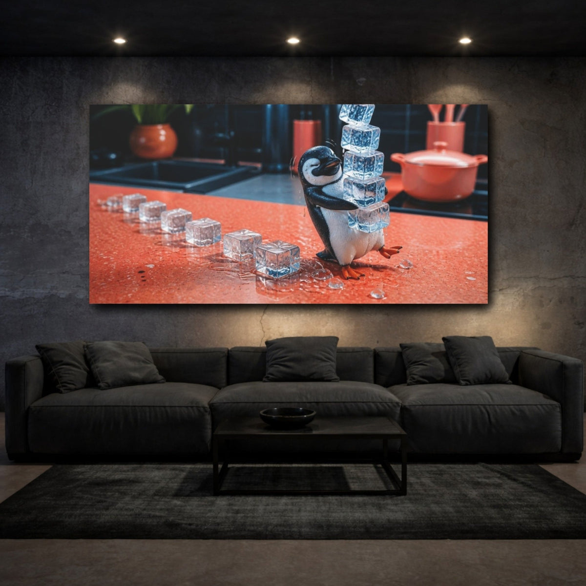 Funny Penguin With Ice Cubes Canvas Print – Kitchen, Wall - YesArtYes