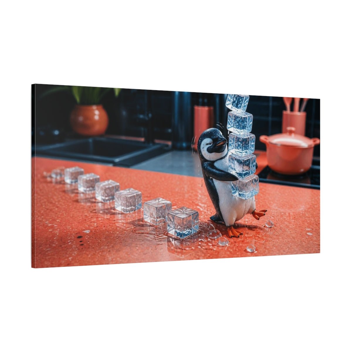 Funny Penguin With Ice Cubes Canvas Print – Kitchen, Wall - YesArtYes