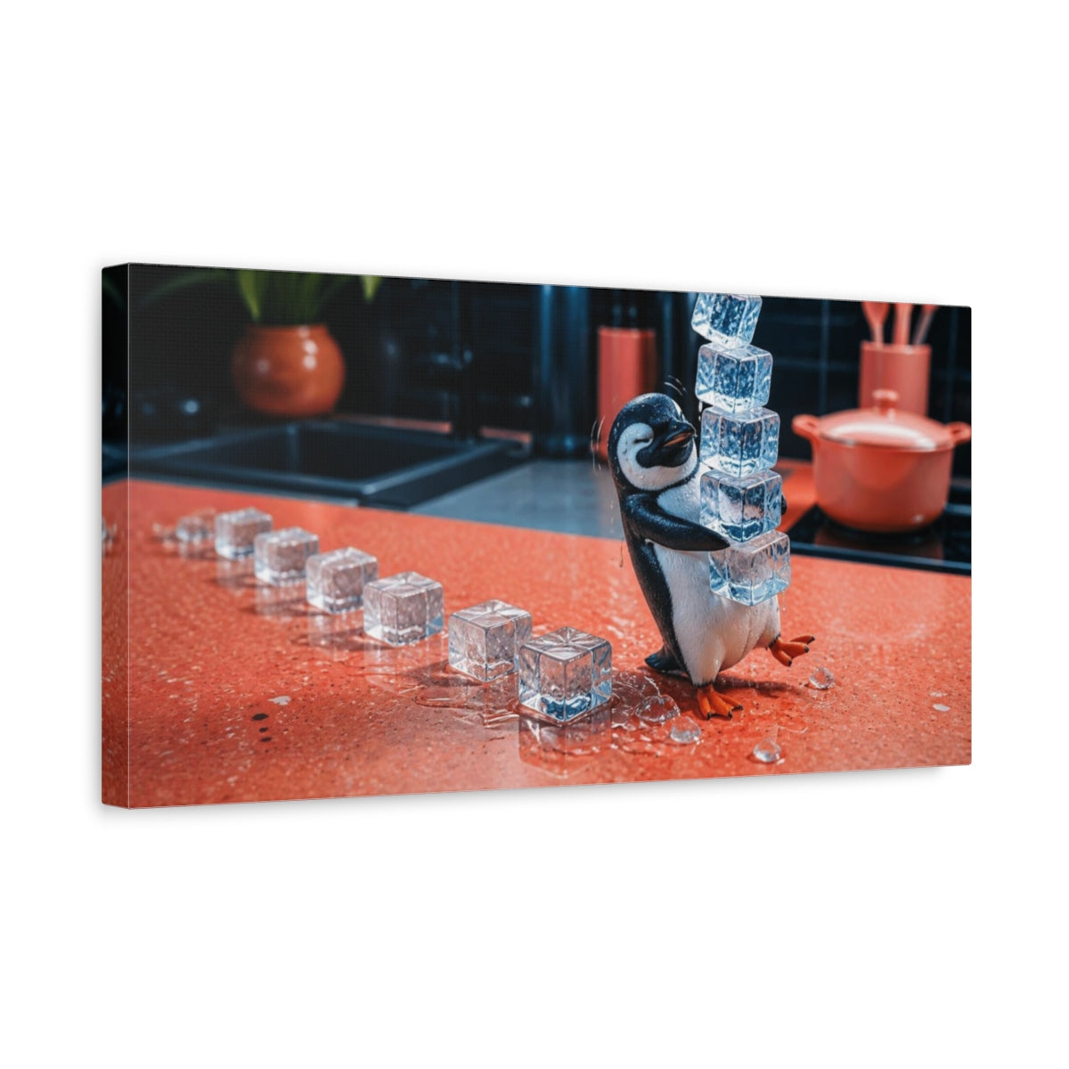 Side Mockup 3. Funny Penguin With Ice Cubes shown as canvas print