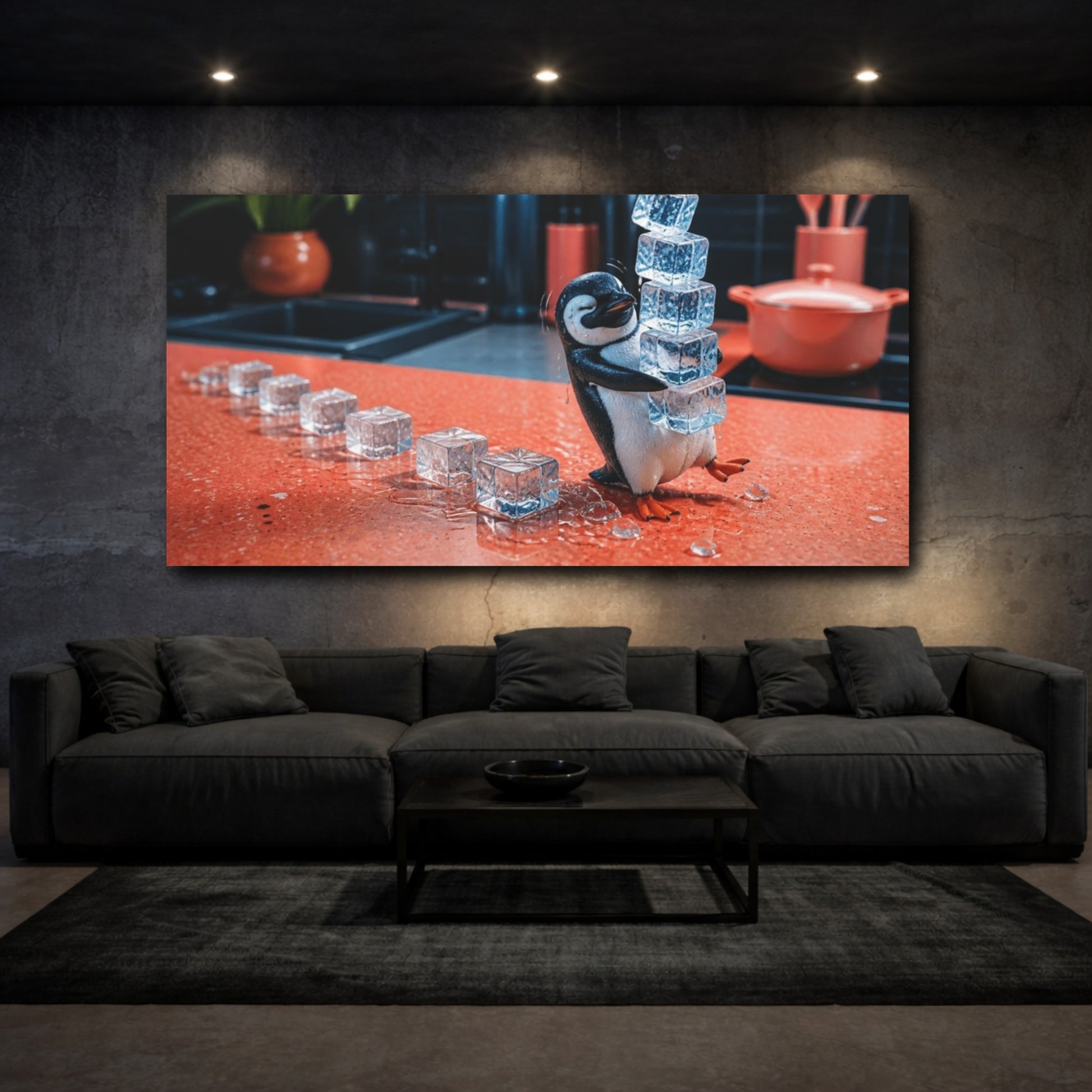 Mockup 3. Funny Penguin With Ice Cubes shown as canvas print