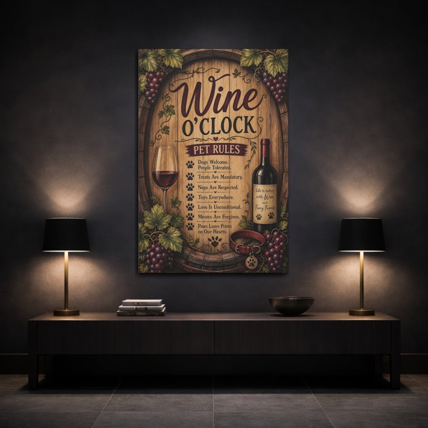 Funny Pet Rules Rustic Canvas Print – Kitchen, Breakfast Nook, Brown and Red - YesArtYes