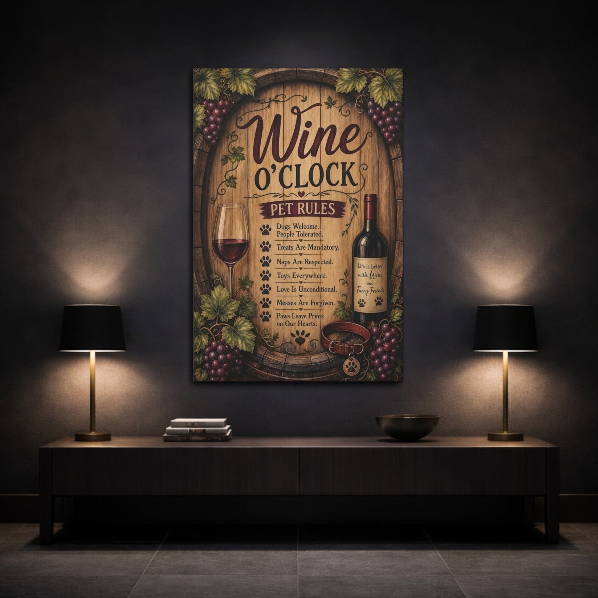 Funny Pet Rules Rustic Canvas Print – Kitchen, Breakfast Nook, Brown and Red - YesArtYes