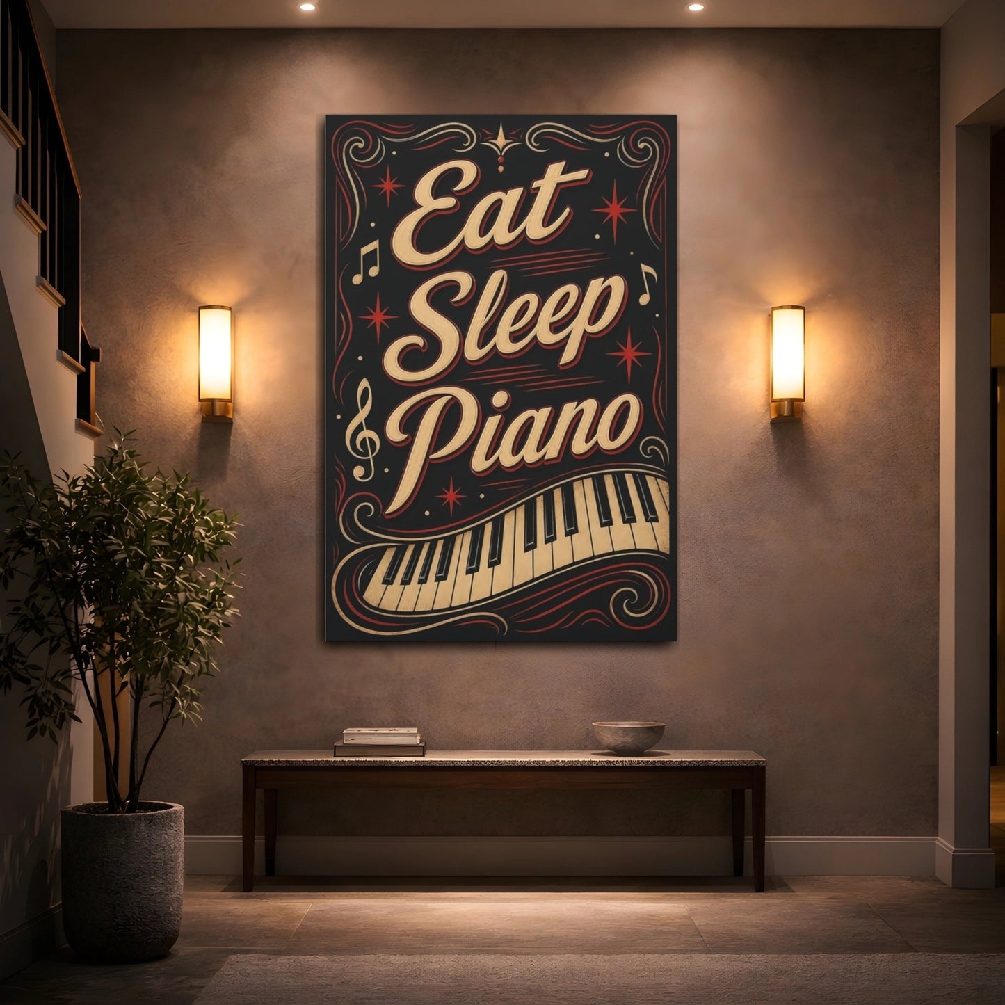 Funny Piano Black Gold Red Canvas Wall Art Print – Bedroom Decor, - YesArtYes