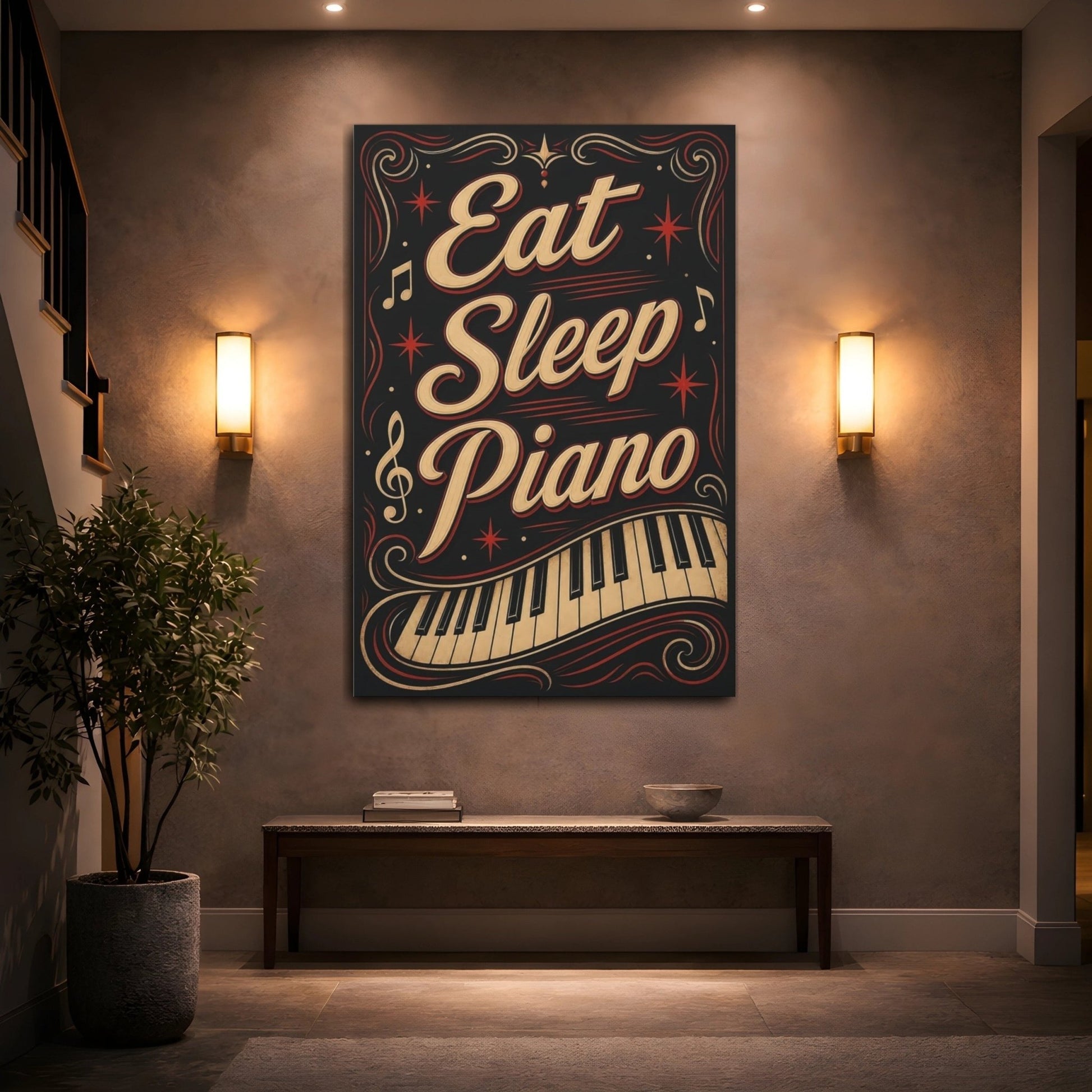 Funny Piano Black Gold Red Canvas Wall Art Print – Bedroom Decor, - YesArtYes