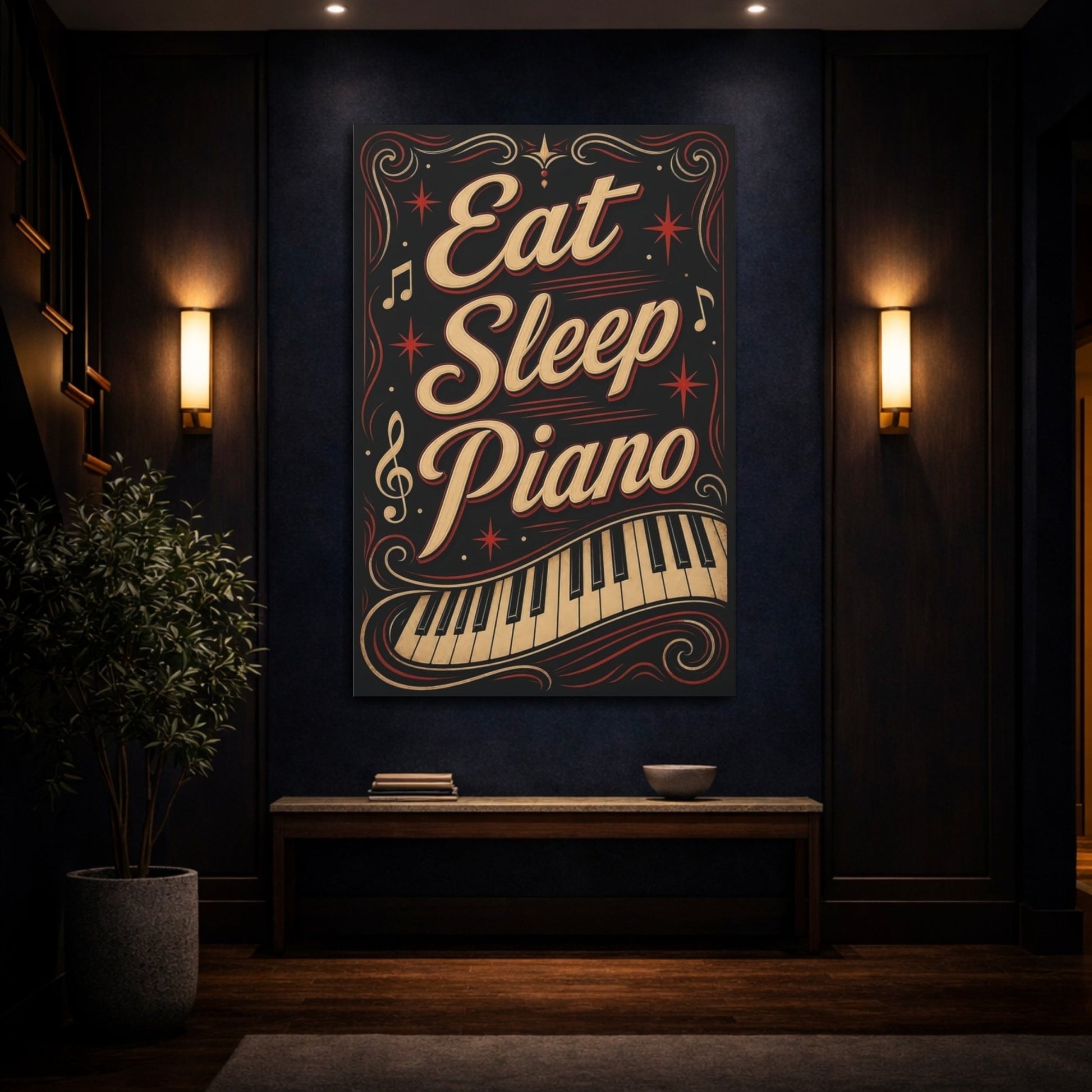 Funny Piano Black Gold Red Canvas Wall Art Print – Bedroom Decor, - YesArtYes