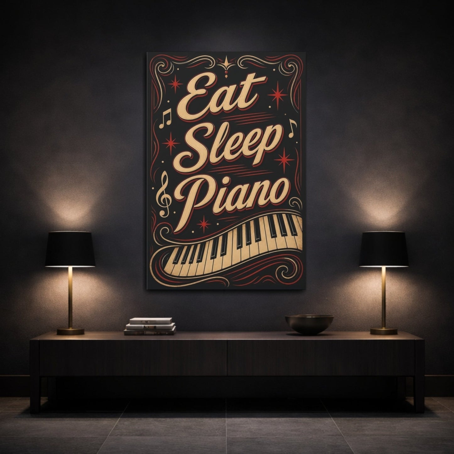 Funny Piano Black Gold Red Canvas Wall Art Print – Bedroom Decor, - YesArtYes